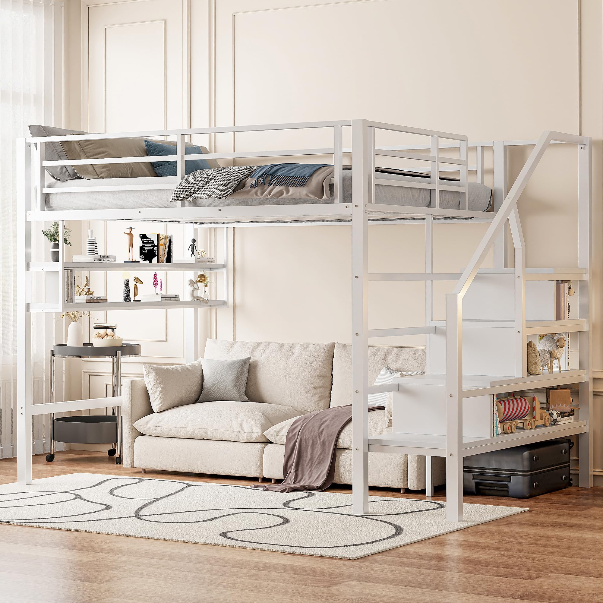 Hoogslaper Met Leuning En Trapladder - 140 X 200 Cm - Met USB En Netstroom - LED En Bureau Zonder Matras Metaal Wit Hoogslaper Met Leuning En Trapladder - 140 X 200 Cm - Met USB En Netstroom - LED En Bureau Zonder Matras Metaal Wit
