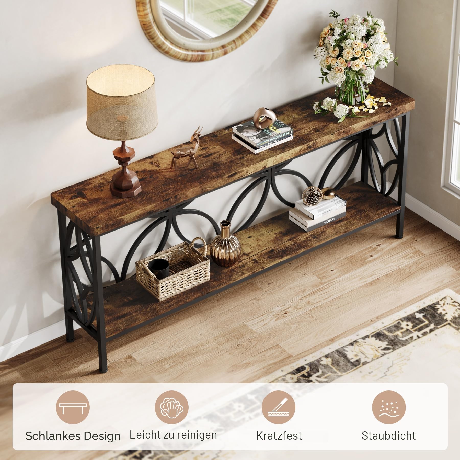 Tribesigns Konsolentisch mit Ablage, 160 cm Schmaler Sofatisch, Flurtisch, Sofa-Beistelltisch, einzigartiges Design, für Eingang, Flur, Wohnzimmer, Braun