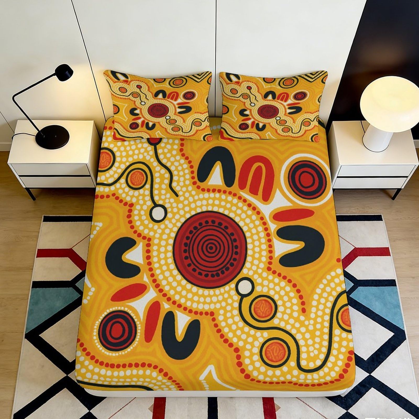 3D Printed Aboriginal Art Fitted Sheet Microfiber Soft Yellow Boho Dot Pattern Mattress Cover for Bedroom Dorm Decor 90x200x25cm
