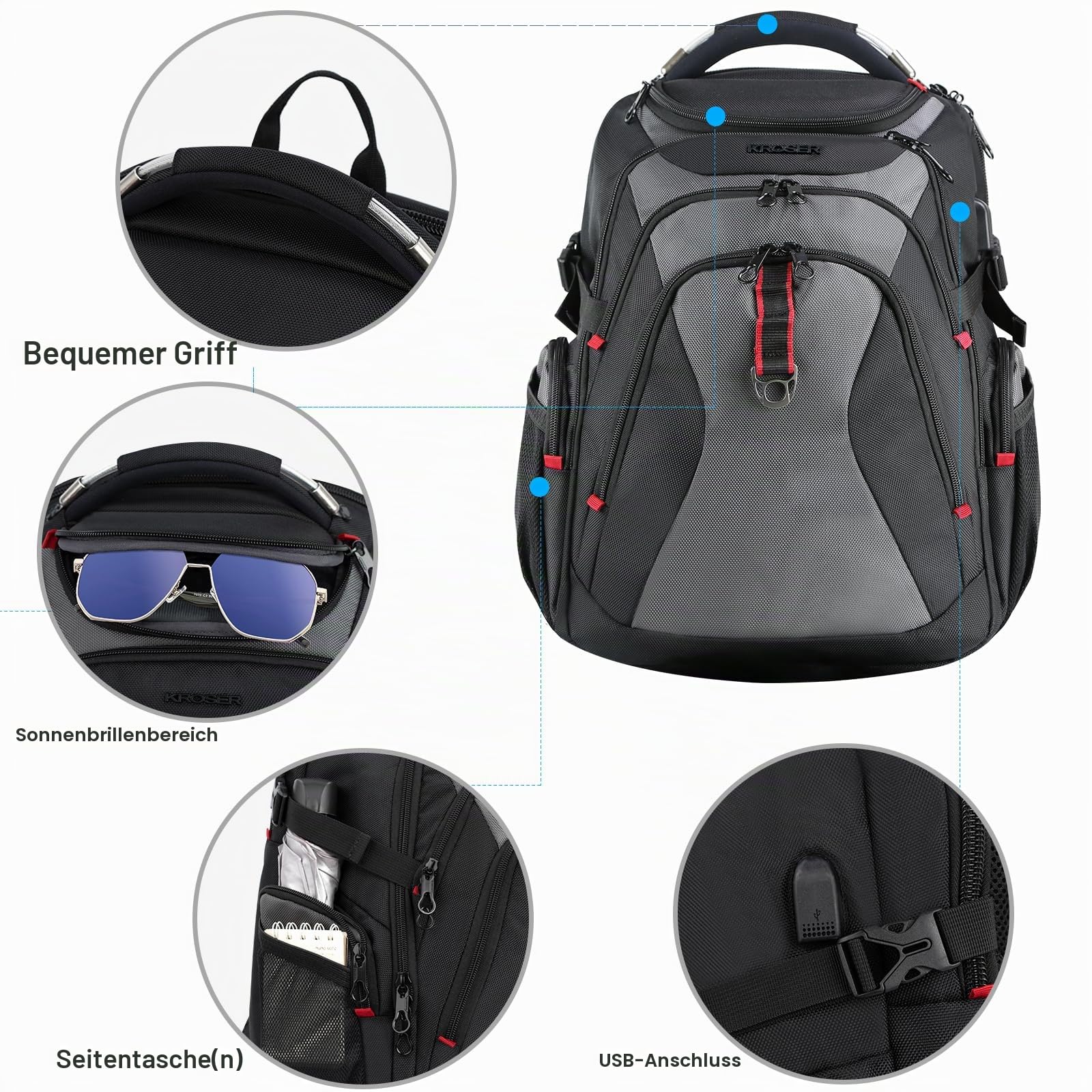 KROSER Laptop Rucksack Herren 17,3 Zoll Reise XL BusinessRucksack Schwerlast Wasserdicht mit Hartgeschältem Sicherheitsraum Ladeanschluss RFID Tasche für Männer/Frauen-Schwarz Grau