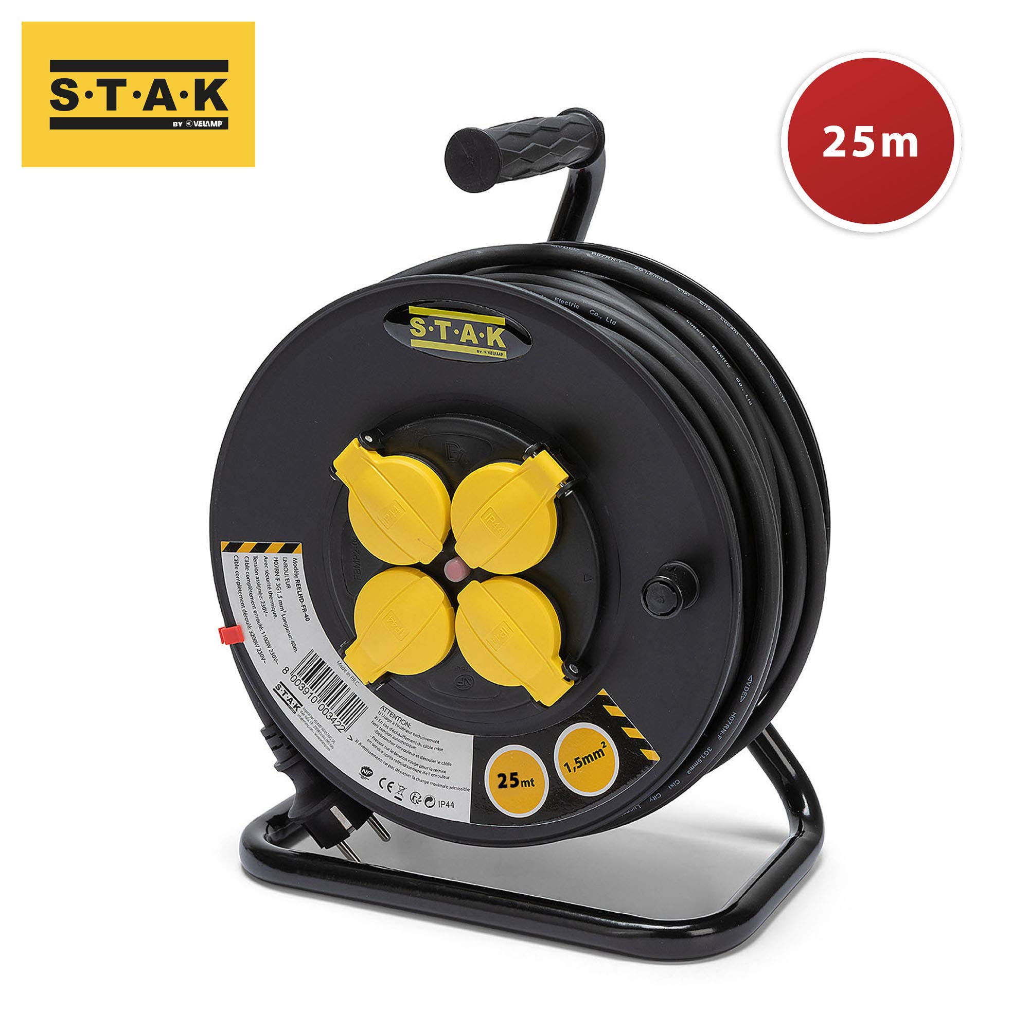Stak REELHD-FR-25 - Enrollador eléctrico Profesional a Prueba de Agua IP44 Cable 25 m de Goma 3G1,5 mm2 para Obras, Bricolaje, jardín, 4 enchufes, chasis de Acero, Color Negro