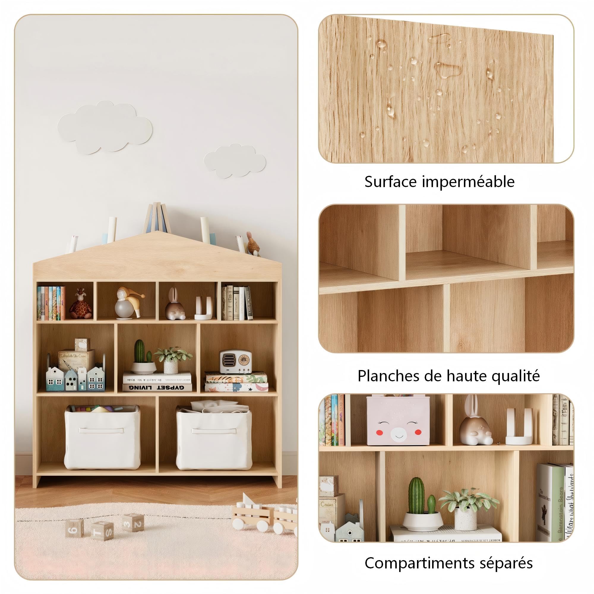 Garvee Bibliothèque Enfant en Bois – 4 Niveaux, 9 à 15 Casiers – Meuble Rangement Jouets et Livres, Design Maison, avec Kit Anti-Basculement, pour Chambre, Salle de Jeux, Crèche et École