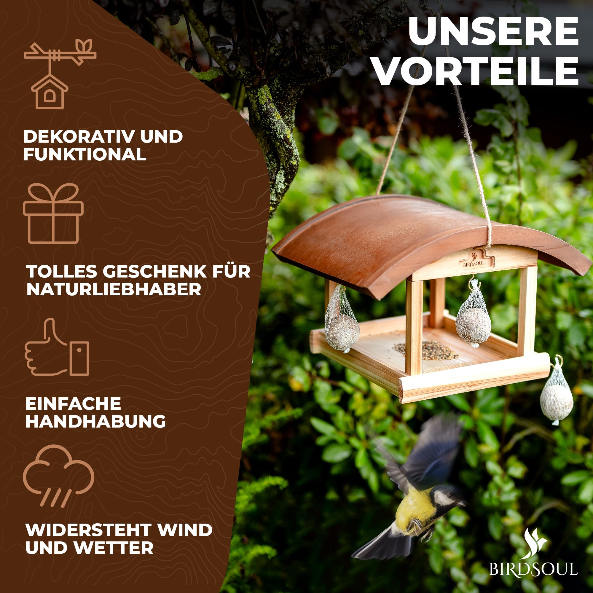 Großes Vogelhaus zum Aufhängen wetterfest [Rain-Safe Bodenplatte & 5° Wasserablauf] XXL Vogelfutterhaus zum Aufhängen | Vogelhäuschen Bausatz | Vogelhaus Holz | Futterhaus für Vögel hängend