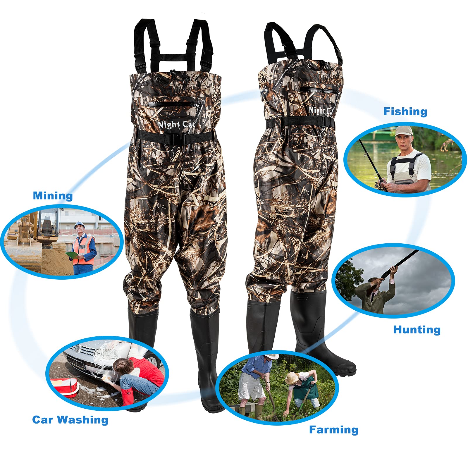 Notte Gatto Pesca Trampoliere Camoflage per Uomini Donne Impermeabile Caccia Petto Wader con Cintura Bootfoot Traspirante Leggero Taglia 6 a 14