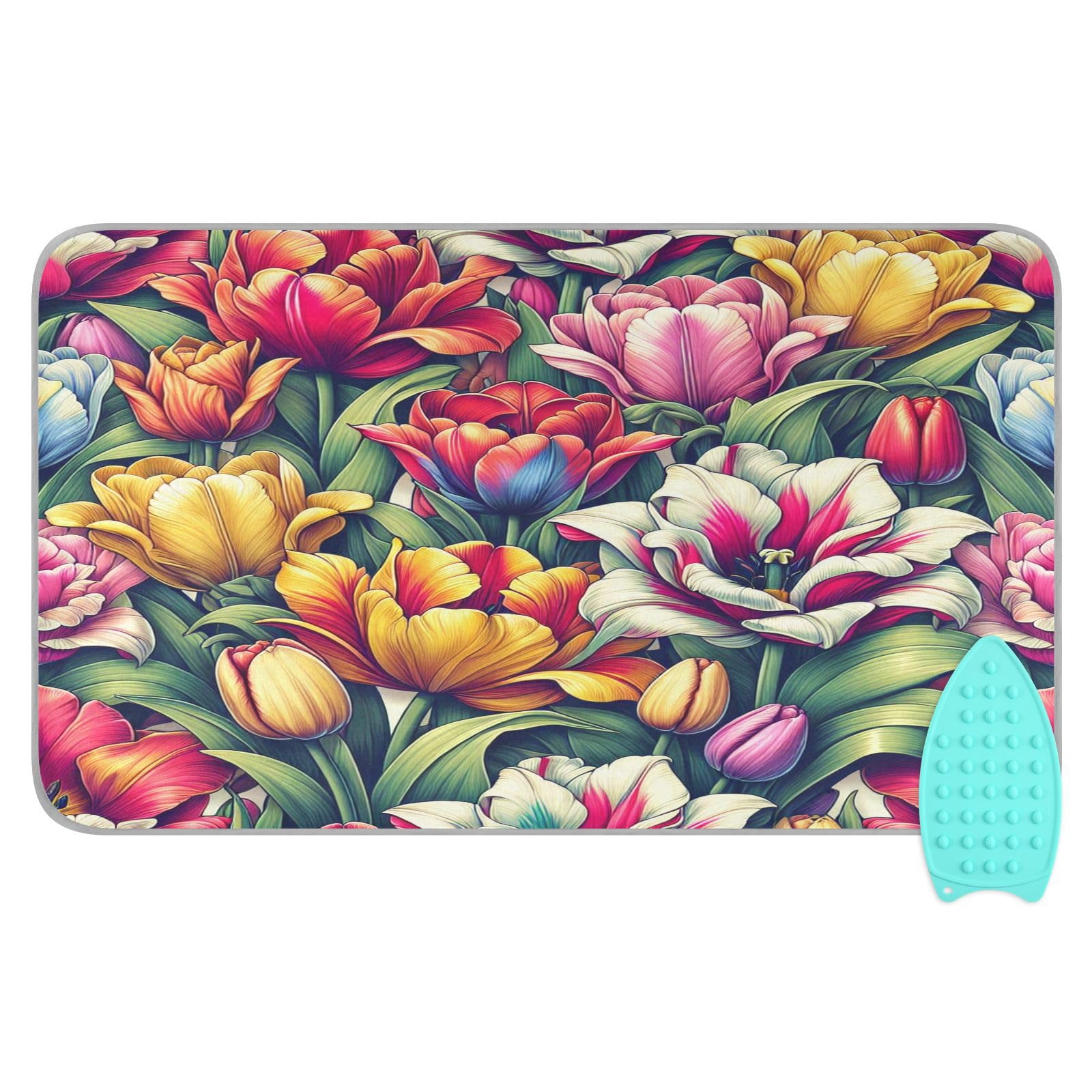 Bulletgxll Tulips Floral Ironing Mat Portable Travel Ironing Pad Heat Resistant Ironing Blanket for Washer, Dryer, Table Top, Countertop, Ironing Board (27.6 x 47.2 Inches)