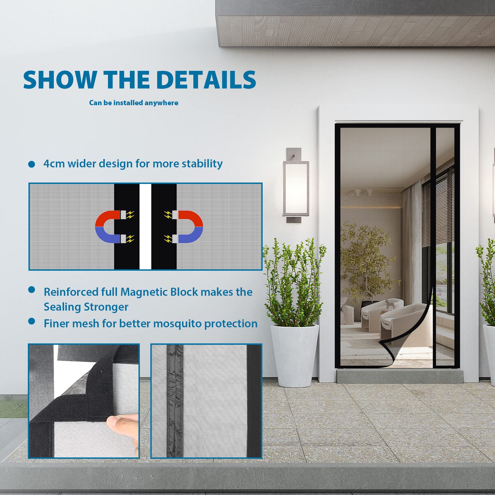 Sekey Fly Screen Door Curtain Against Cat Scratches Side Opening Fly Screen No Drilling Balcony Door Fly Curtain Made of Fibreglass Net Black 85 x 195 cm - Image 3