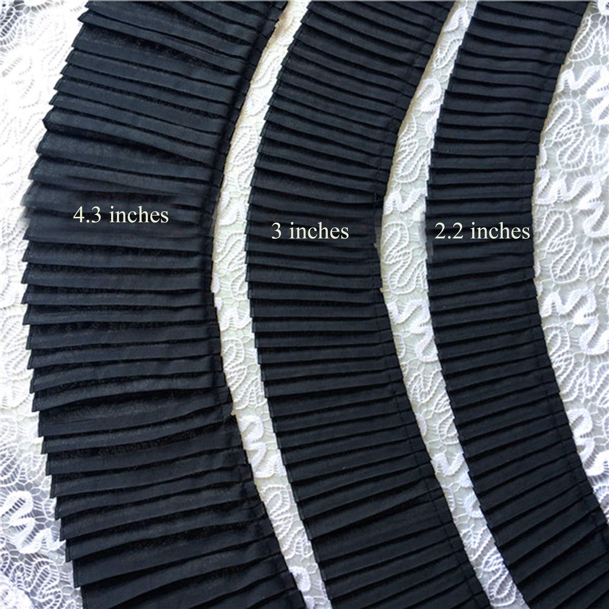 Chiffon Pleated Lace Trims Folded Ribbon Fringe Edge Trimming for Wedding Girl Dress Gown Doll Decor Sold by 2 Yards (Black,4.3 inches)