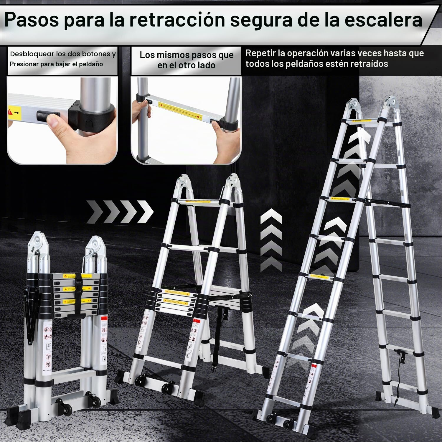 Escalera telescópica plegable de aluminio, 5 m, antideslizante, marco en A, con estabilizador triangular y ruedas, escalera multiusos extensible, soporta hasta 150 kg, color plateado