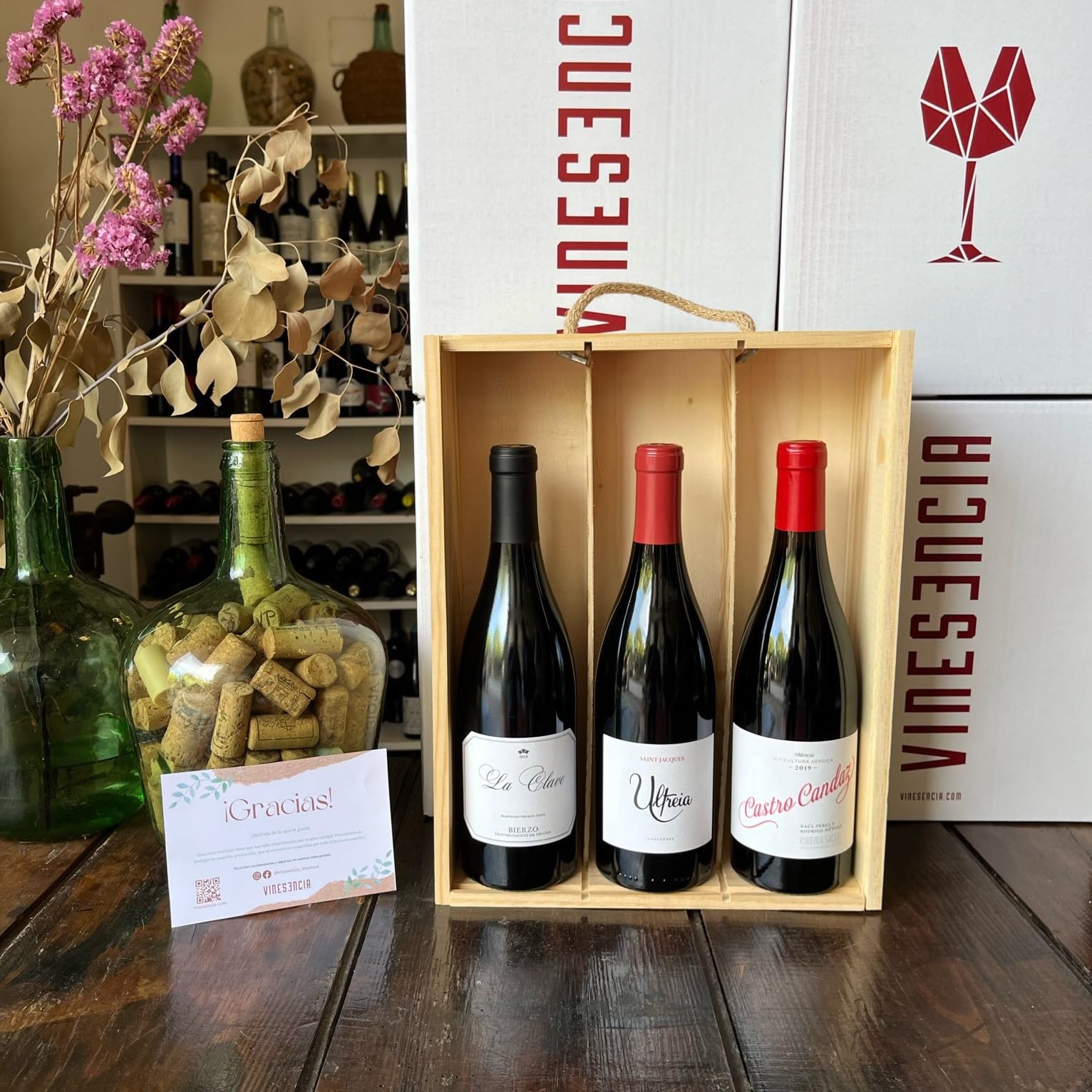 VINESENCIA - Estuche regalo vinos gourmet La Clave, Ultreia y Castro Candaz - Pack 3 botellas de vinos buenos para regalar