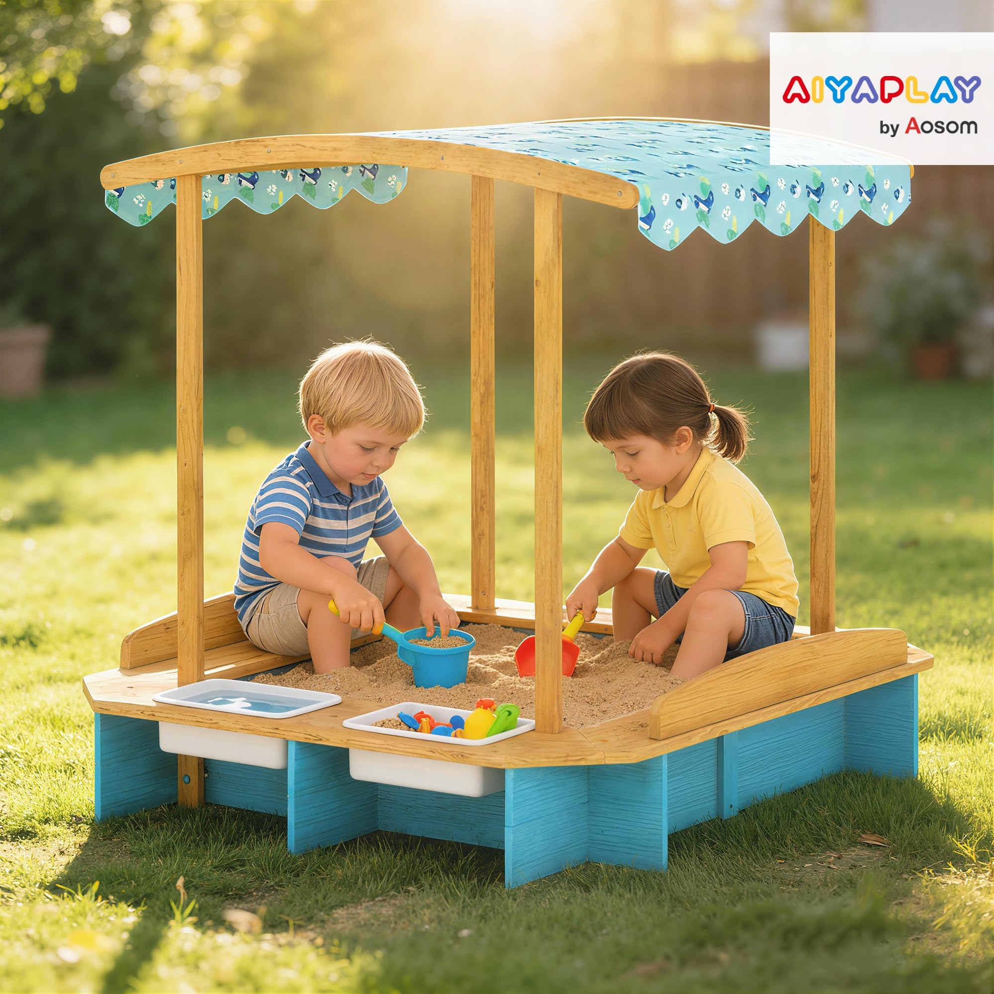 AIYAPLAY Arenero para Niños de Madera con Techo, Arenero Infantil con 3 Bancos, 2 Cajas de PP, Forro, Caja de Arena para Niños de 3-6 Años, para Patio, Jardín, Balcón, 128x118x121 cm, Azul
