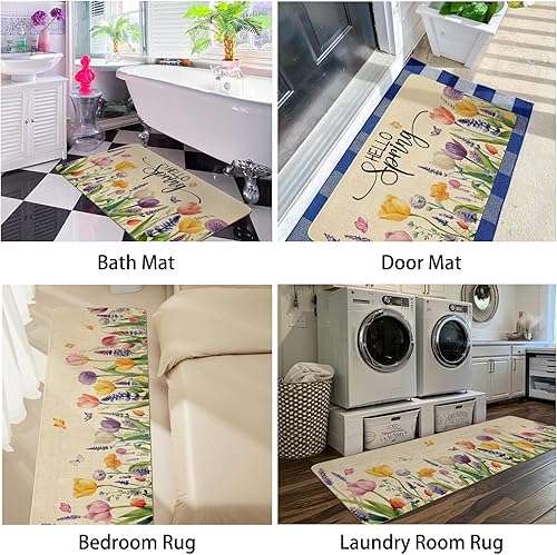 Miniatura 4 de Xsinufn Juego de 2 alfombras y tapetes de cocina de granja de primavera, diseño de tulipán lavanda, antideslizante, lavable, tapete decorativo para