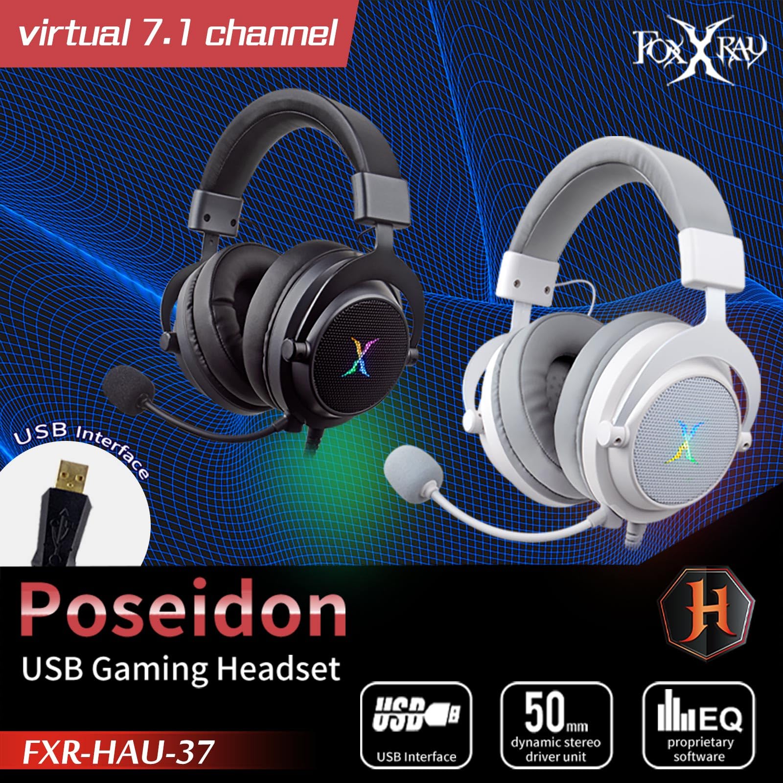 FOXXRAY HAU-37 - Auriculares USB para juegos para PC, auriculares de computadora con micrófono, sonido envolvente 7.1, controladores dinámicos de 50 mm, luz RGB, auriculares con cable para PS4, PS5
