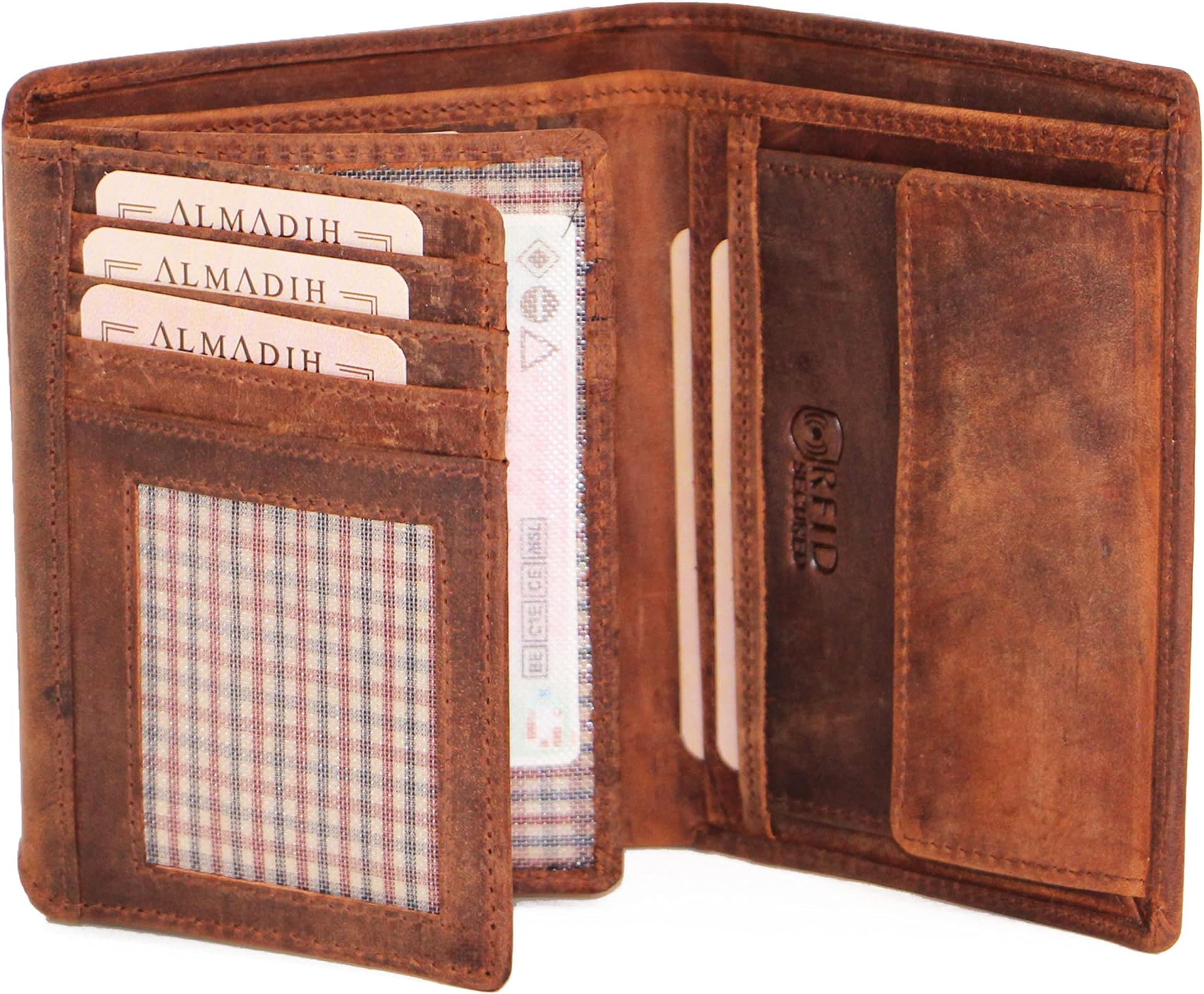 ALMADIH Leather Wallet Vertical Format 17 Card Slots with Gift Box P2H Brown Vintage Premium Cow Leather - Men Purse Credit Card Case Holder Coin Storage pouche ID Window Note case Genuine (P2H Vinta