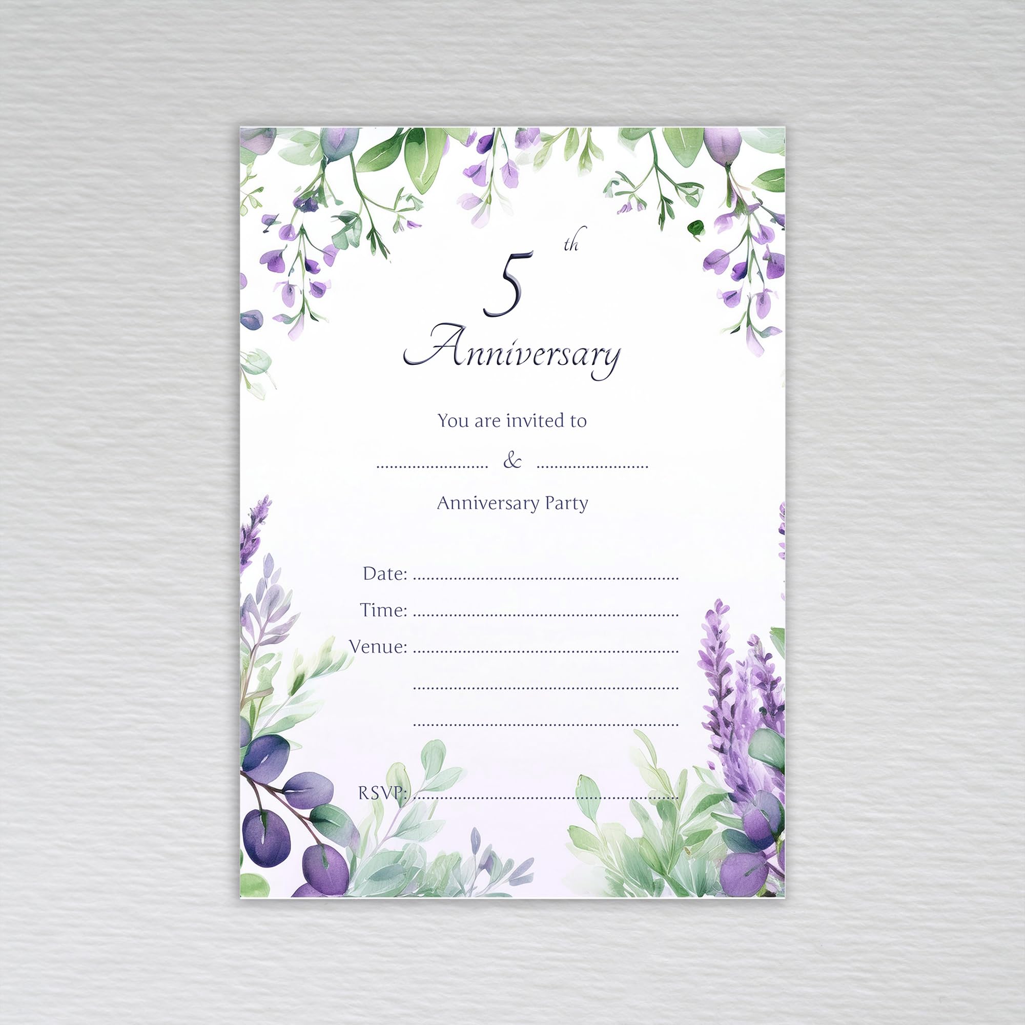 Webspectations Pack of 5th Wedding Anniversary Party Invitations: Lavender and Eucalyptus 5th Anniversary Invites (Pack of 50 without Envelopes)