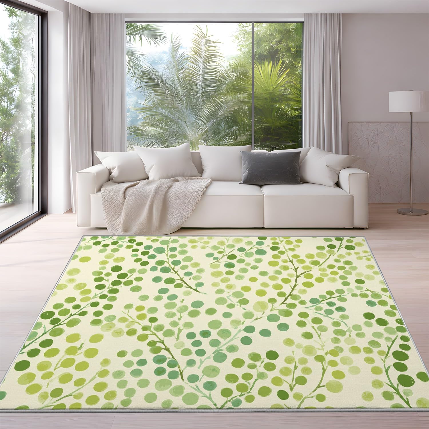 Generyczna wycieraczka do użytku w pomieszczeniach, 160 x 230 cm, nadaje się do prania w pralce, nowoczesna, minimalistyczna, elegancka w kropki, kremowo-zielony, antypoślizgowy, z niskim runem do
