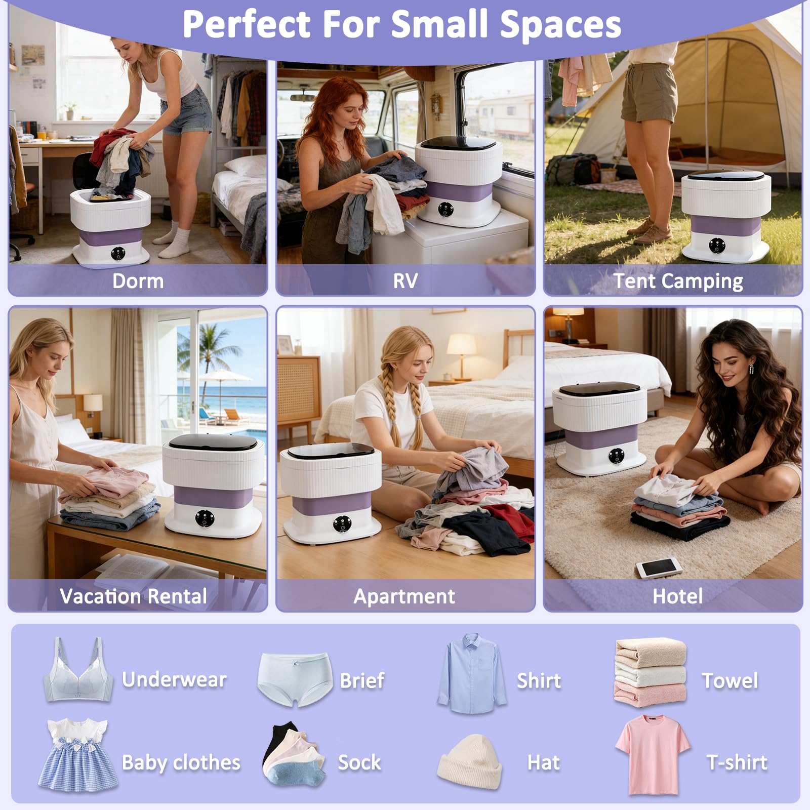 Mini Machine à Laver Portable 10L Pliable Lave Linge Compact | 3 Modes de Nettoyage & Panier D'essorage Amovible, Classe Énergétique E pour Appartements, Dortoirs, Camping & Voyages