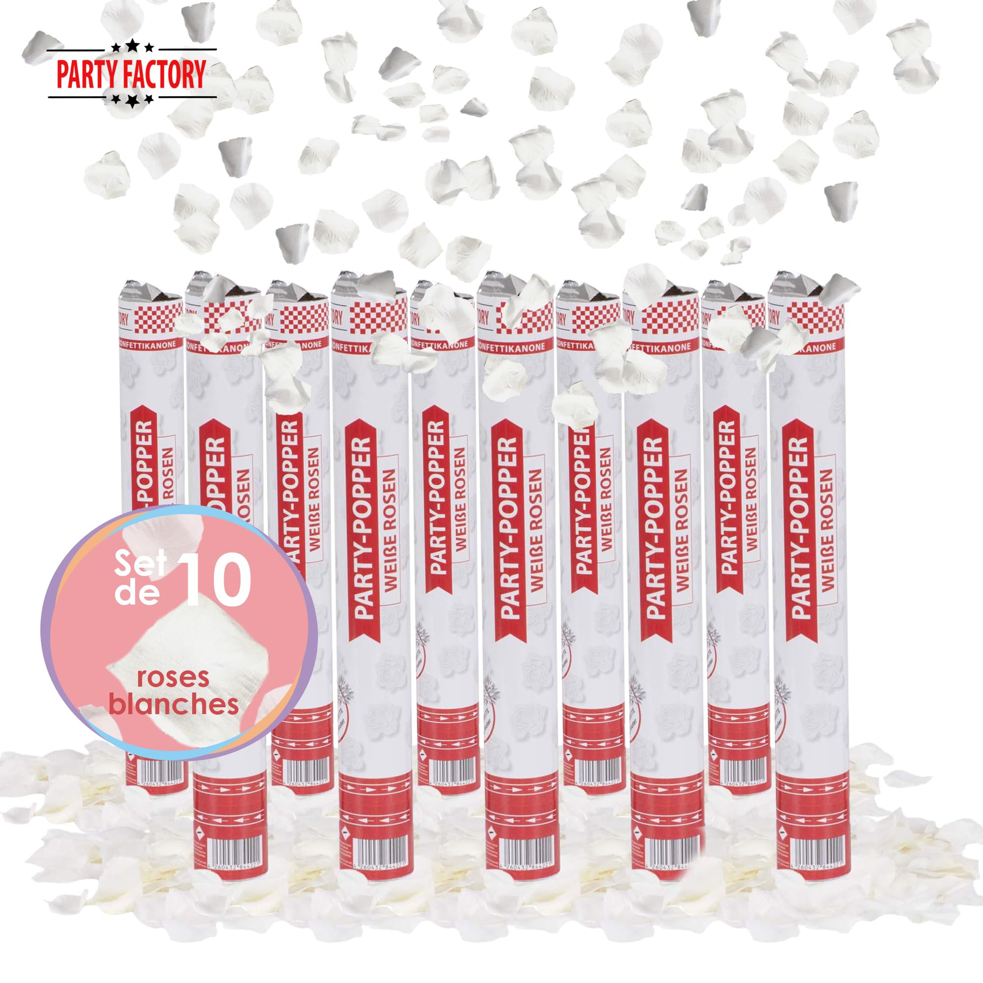 Party Factory Set de 10 Party Popper, 40 cm, confettis Roses Blancs, jusqu'à 8 m de Hauteur d'effet, Pluie de confettis pour Mariage, Saint-Valentin ou Anniversaire