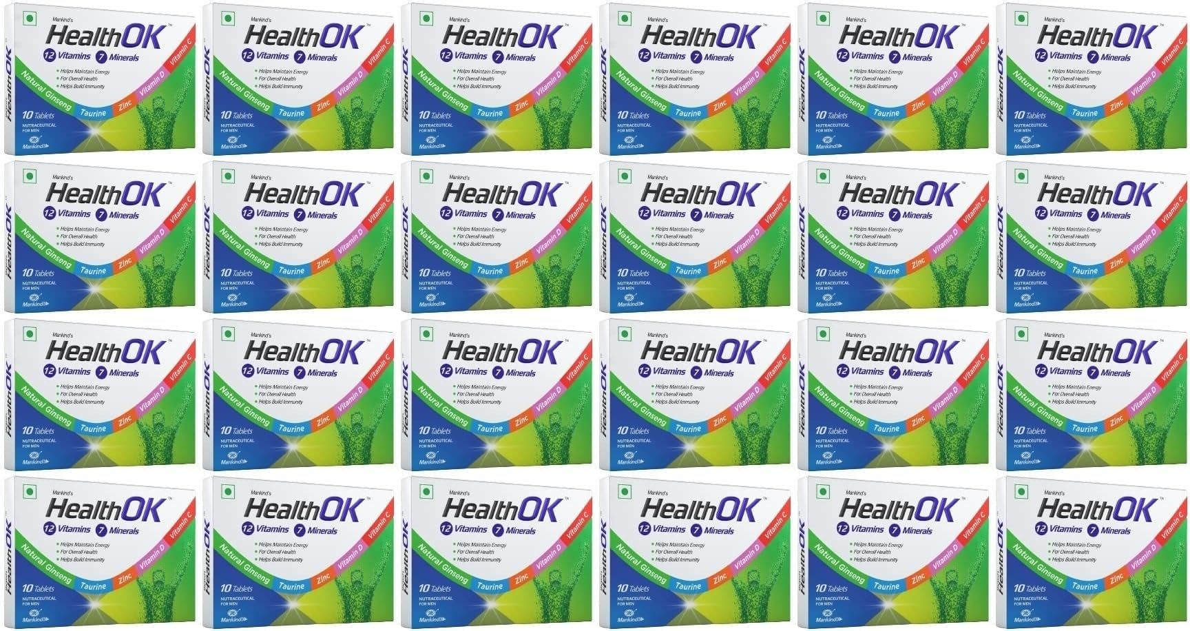 Health OK Natural Ginseng, Taurine power, Daily Energy, alertness, Vitamin D, C & multivitamins minerals, for Overall Health, 10 Tablets x Pack of 24