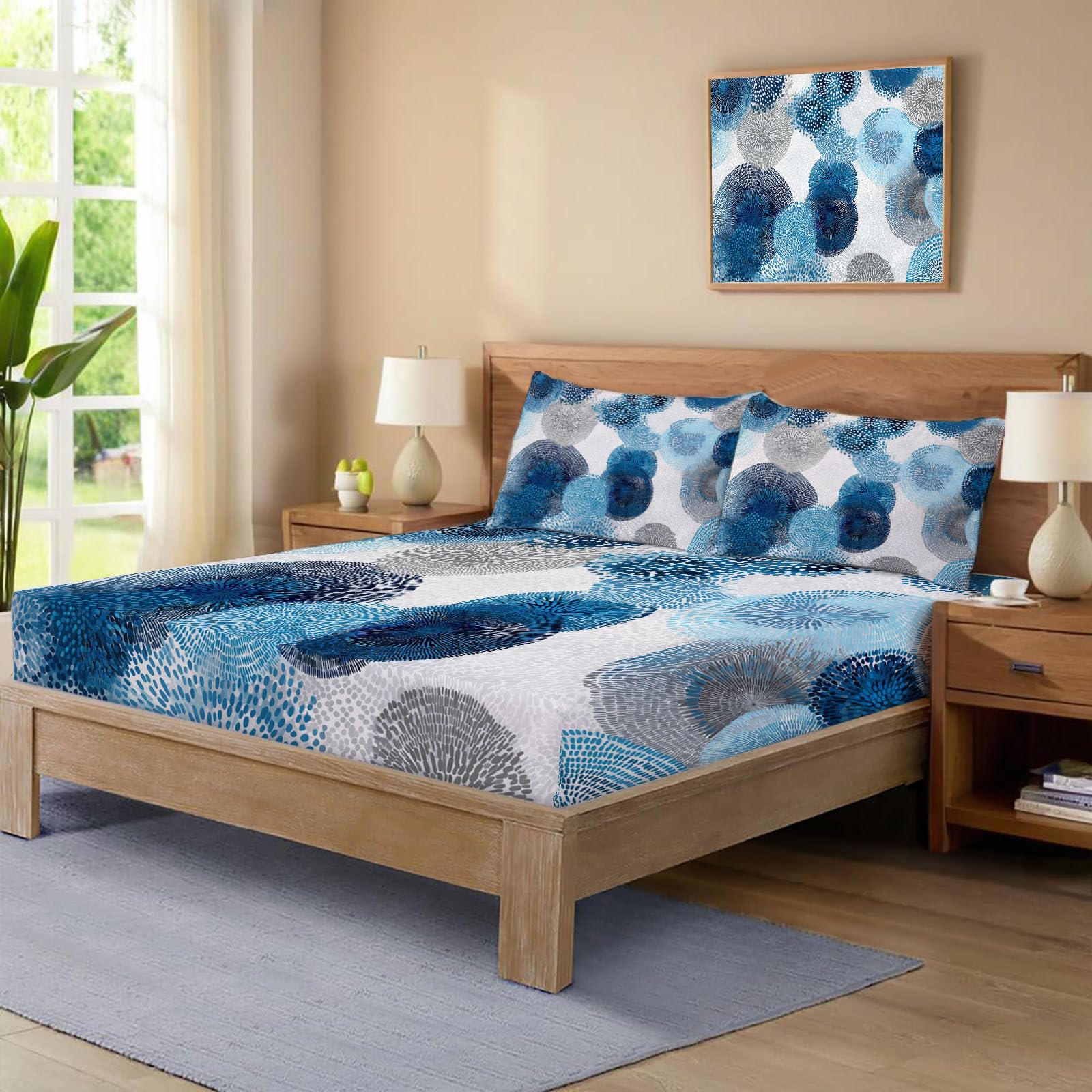 Sábana Bajera Ajustable De Flores Abstractas 200X190/200Cm, Juego De Ropa De Cama De Salpicaduras De Acuarela, Azul Cielo, Sábana Bajera De Set (Sin Sábanas Encimera) Microfibra Suave Lavable