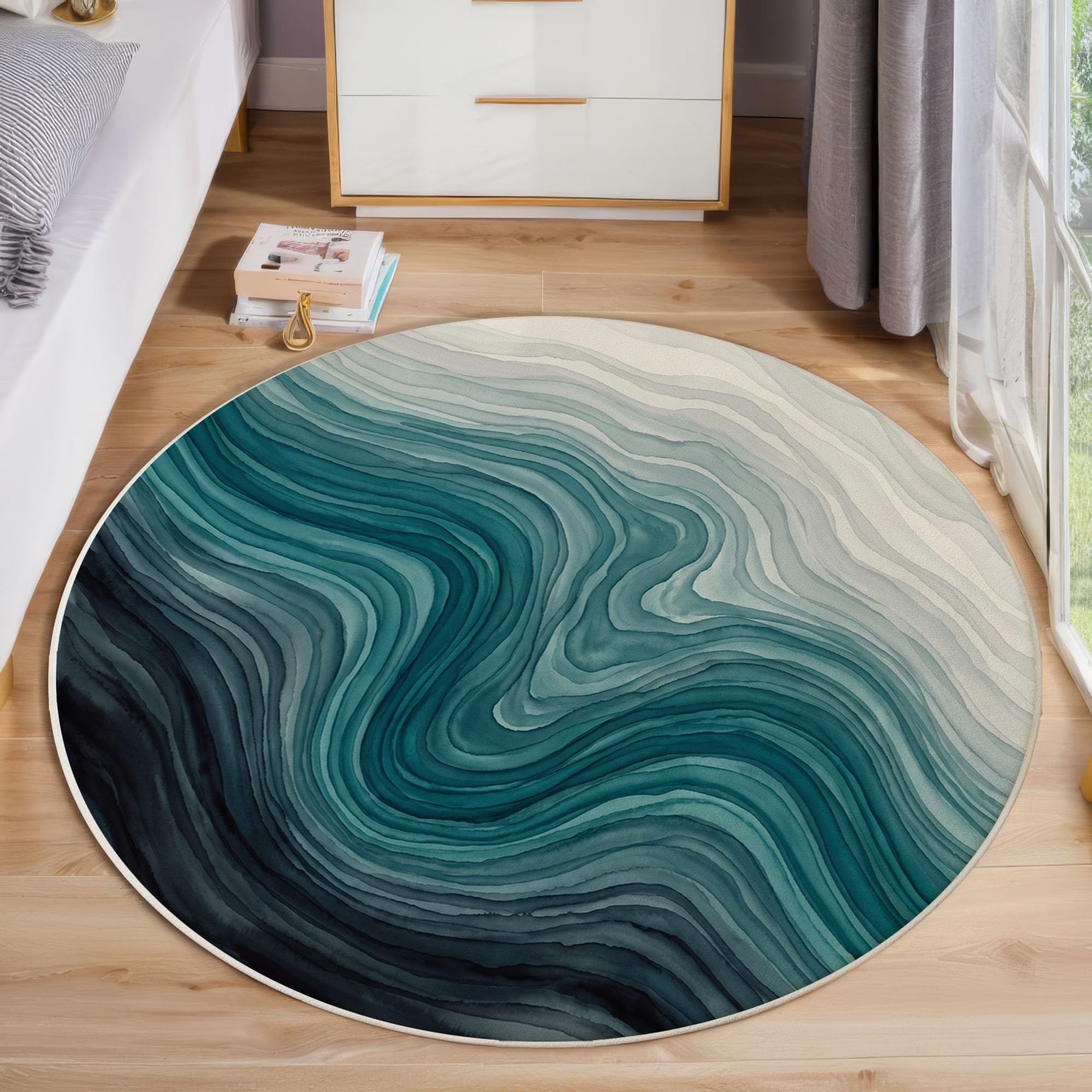 Tapis Rond 180cm Texture Ondulée À Gradient pour Chambre | Art Abstrait À L'Aquarelle Rond Tapis Antidérapant Lavable en Machine Cuisine Salon Adulte Interieur Bureau Cuisine Decoration