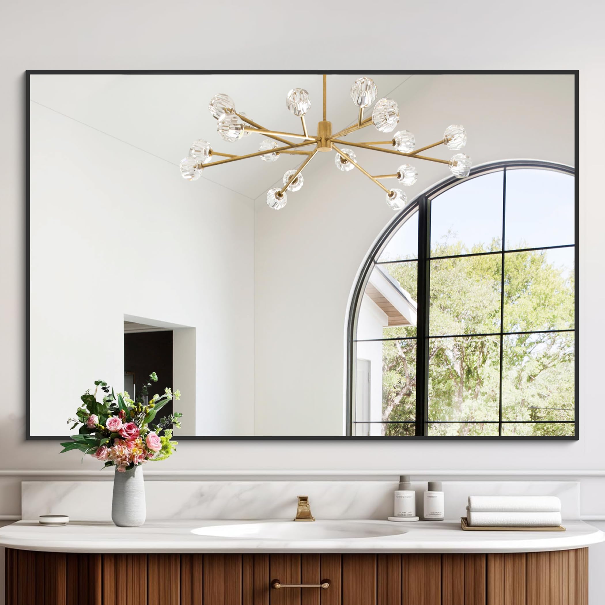 Photo 1 of 48x32 Mirror Bathroom, Black Rectangle Mirrors with Metal Frame, Bathroom Rectangular Mirror Modern Vanity Wall Mirror for Bedroom Living Room, Entryway Hangs Horizontal or Vertical 32x48inch