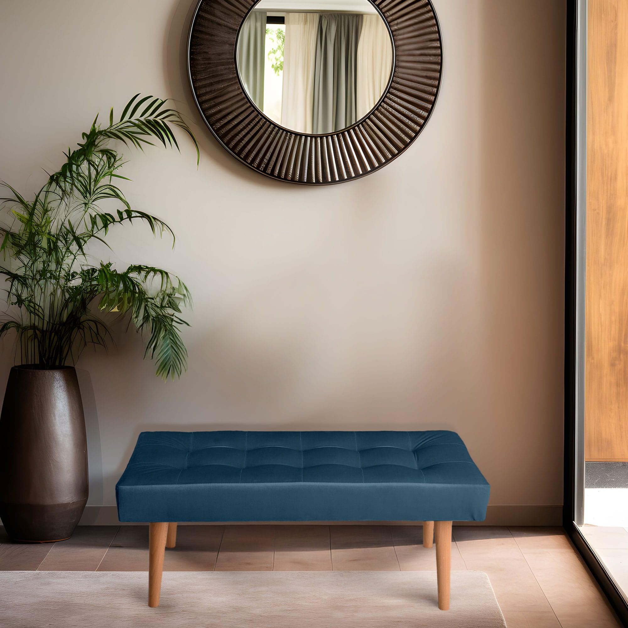 MG Design Panchina imbottita 45 × 90 cm Blu navy – struttura in legno massiccio, seduta morbida e stabile, superficie vellutata facile da pulire – per soggiorno, camera e ingresso