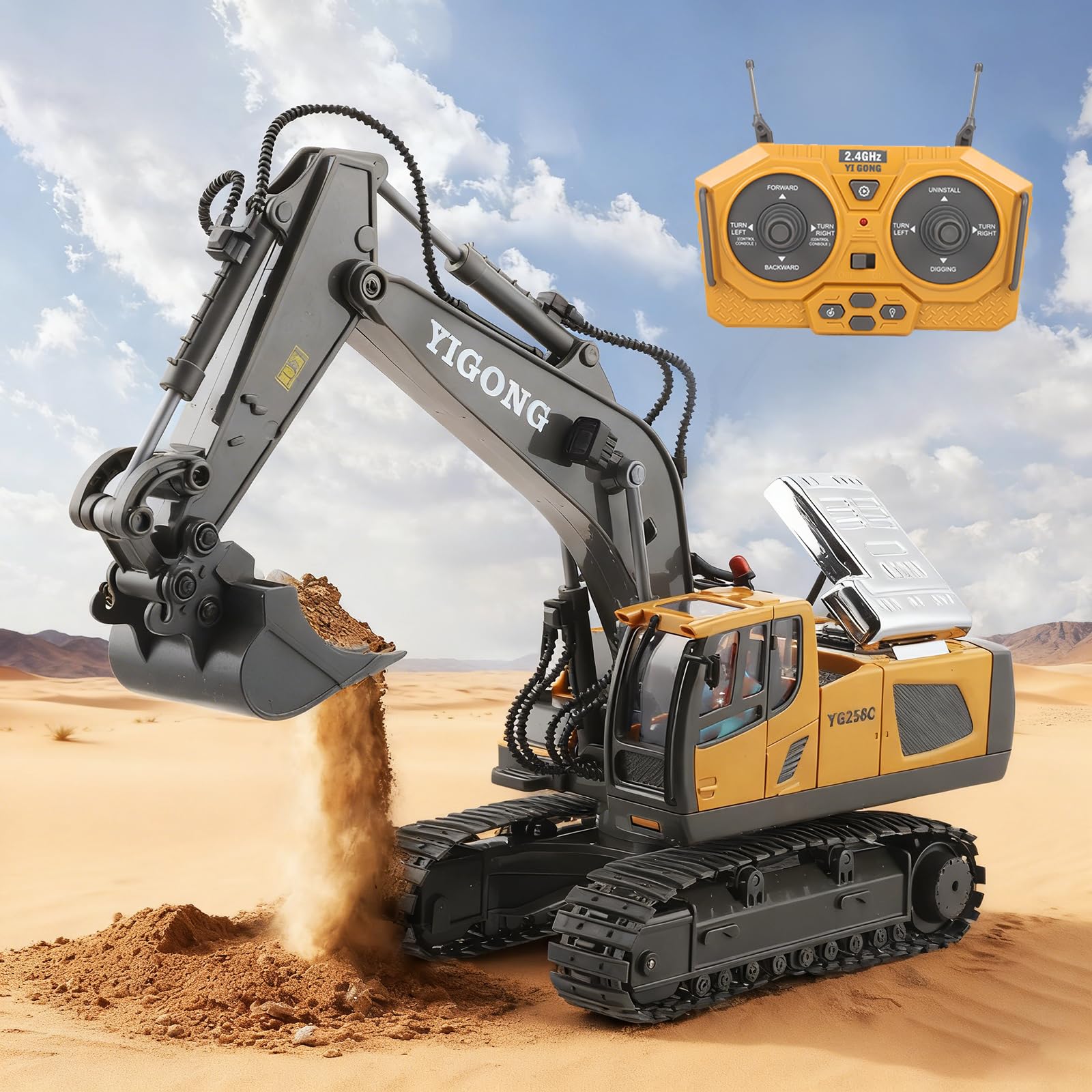 Excavadora con mando a distancia con luz y sonido para niños 3-12, 2,4 GHz Recargable rc Excavadora Metal Control remoto con pala de aleación y rotación de 680°, regalo para niños de cumpleaños y