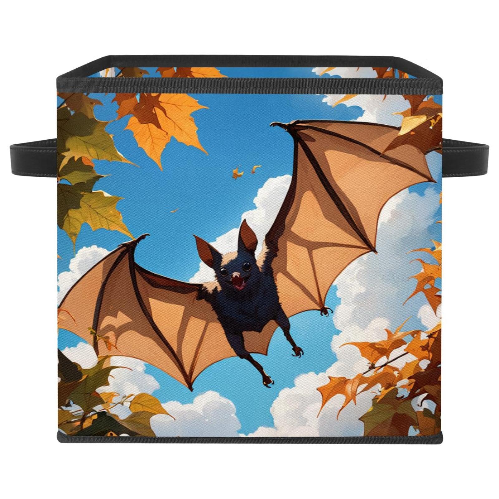Boîte de rangement pliable 27x26x27 cm motif chauve-souris avec poignée cuir