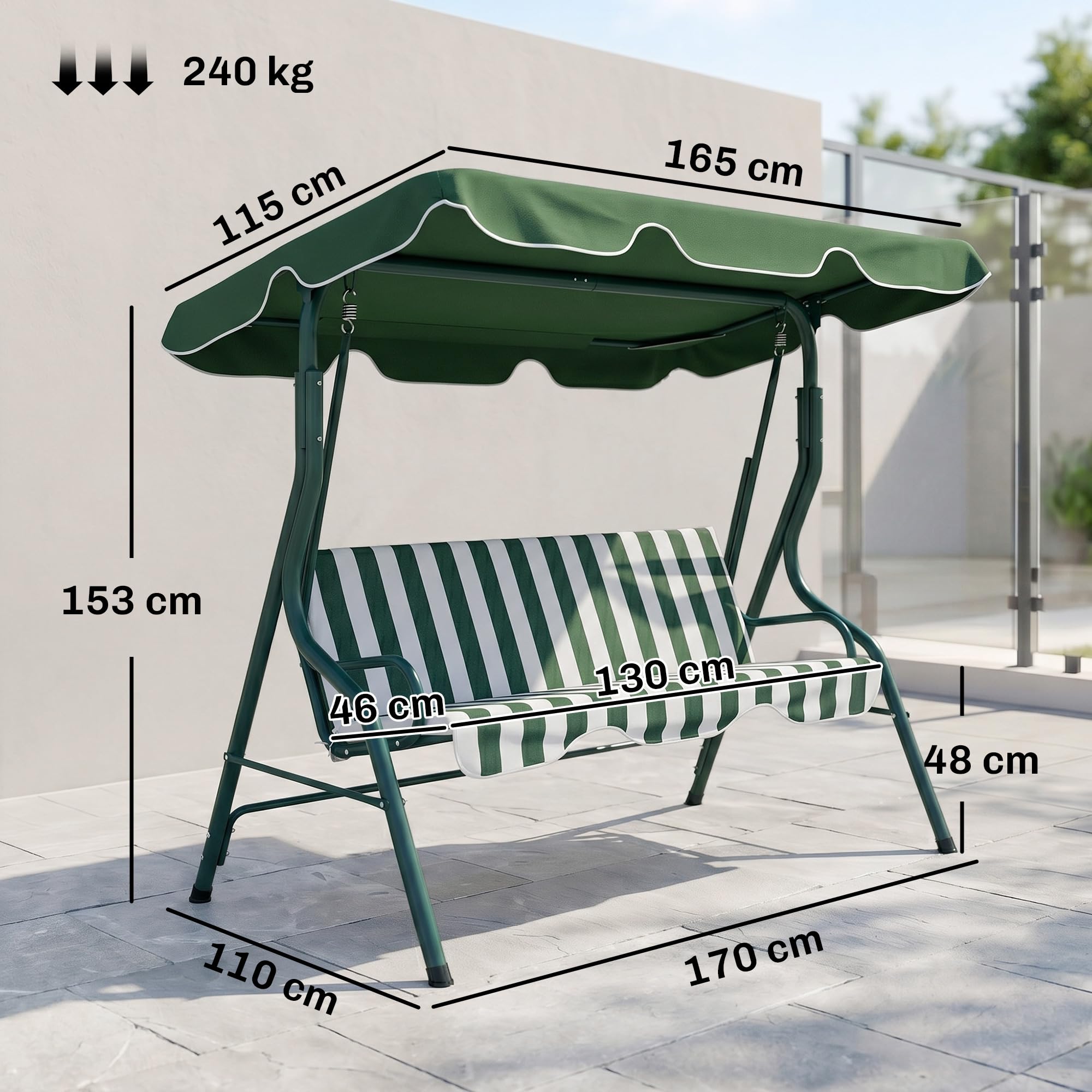 Outsunny Dondolo da Giardino 3 Posti con Tettuccio Parasole Regolabile Rimovibile, Dondolo da Esterno con Cuscino Morbido in Poliestere, Portata 240 kg, 170x110x153 cm, Verde e Bianco