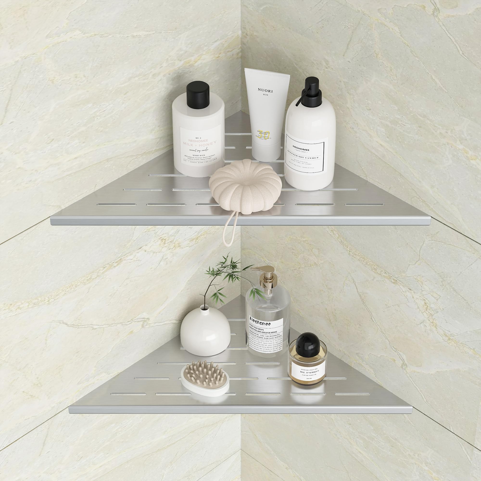 Bernkot Hoekplank voor de douche, 30,5 cm, 304 roestvrij staal, trapeziummortel met roosterdesign, inbouw-badkamerplanken voor betegelde muur, 2 stuks