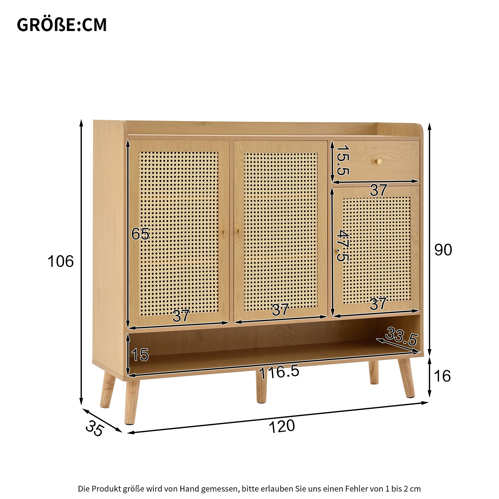 MURUL Zapatero de ratán natural, 120 x 106 x 35 cm, 3 puertas, 1 cajón, 5 estantes, para pasillo, mango de metal, patas de madera maciza