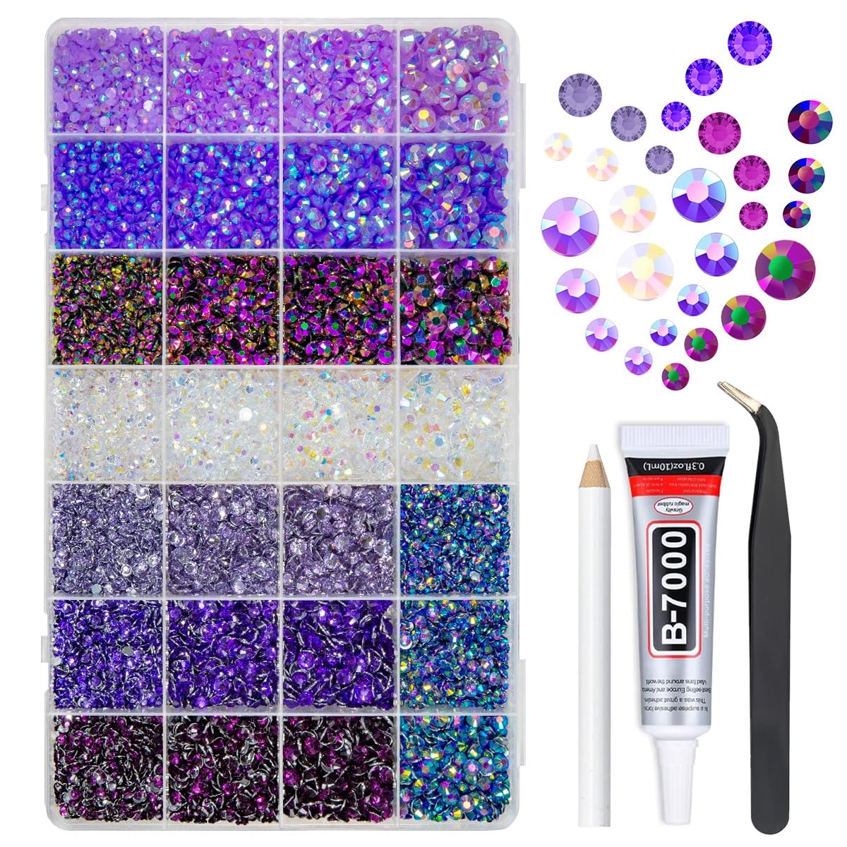 qiipii 28 Types Purple Jelly Resin Rhinestones 3mm-6mm Flatback Colorful Purple Violet AB Stones Gems Diamonds Crystals for Nails Face Eyes Makeup DIY