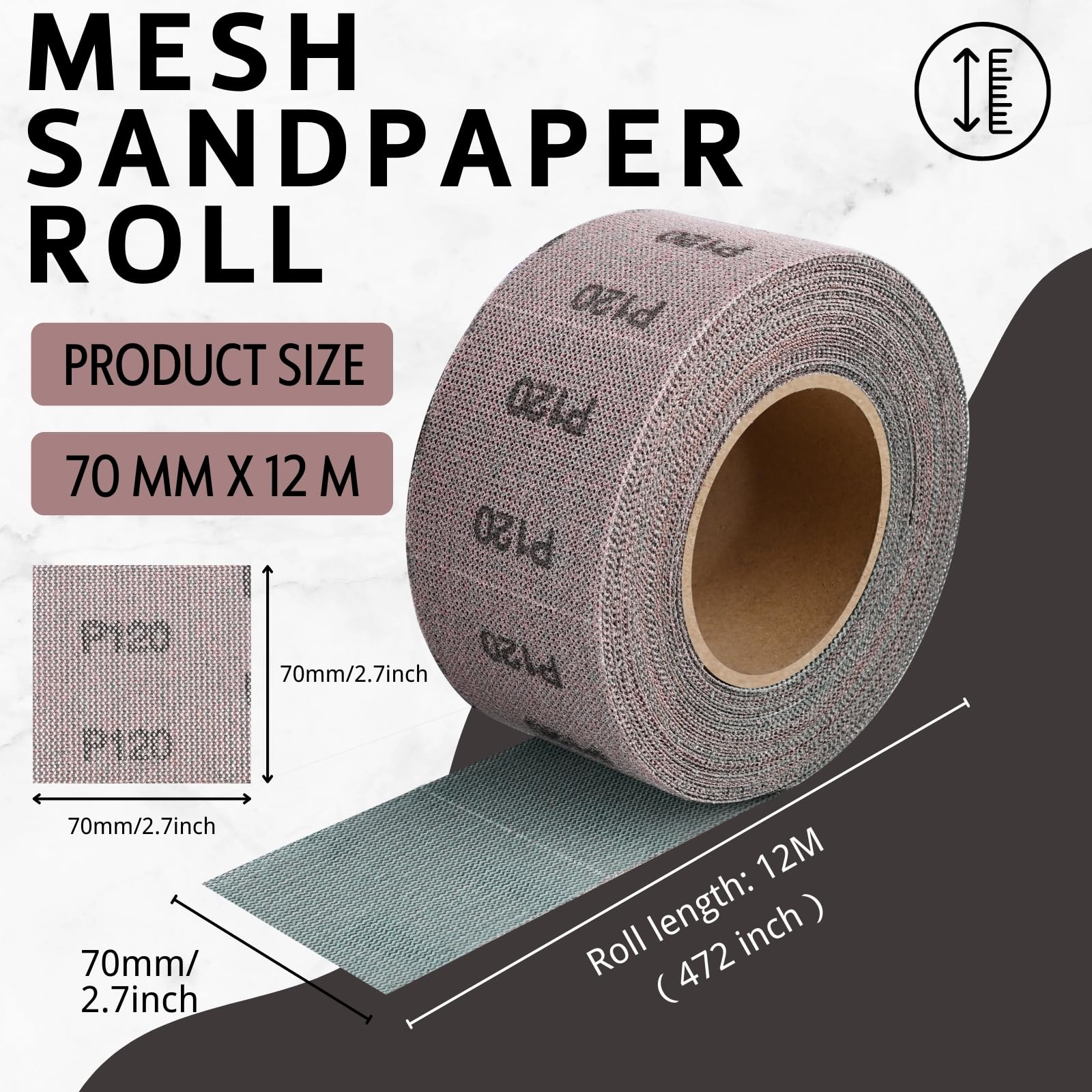Rollo de lija de grano 400, 70 mm x 12 m, rollo de lija con gancho y bucle, rollo de lija autoadhesivo, ideal para lijar pinturas, masillas, imprimaciones, madera, metal y plástico
