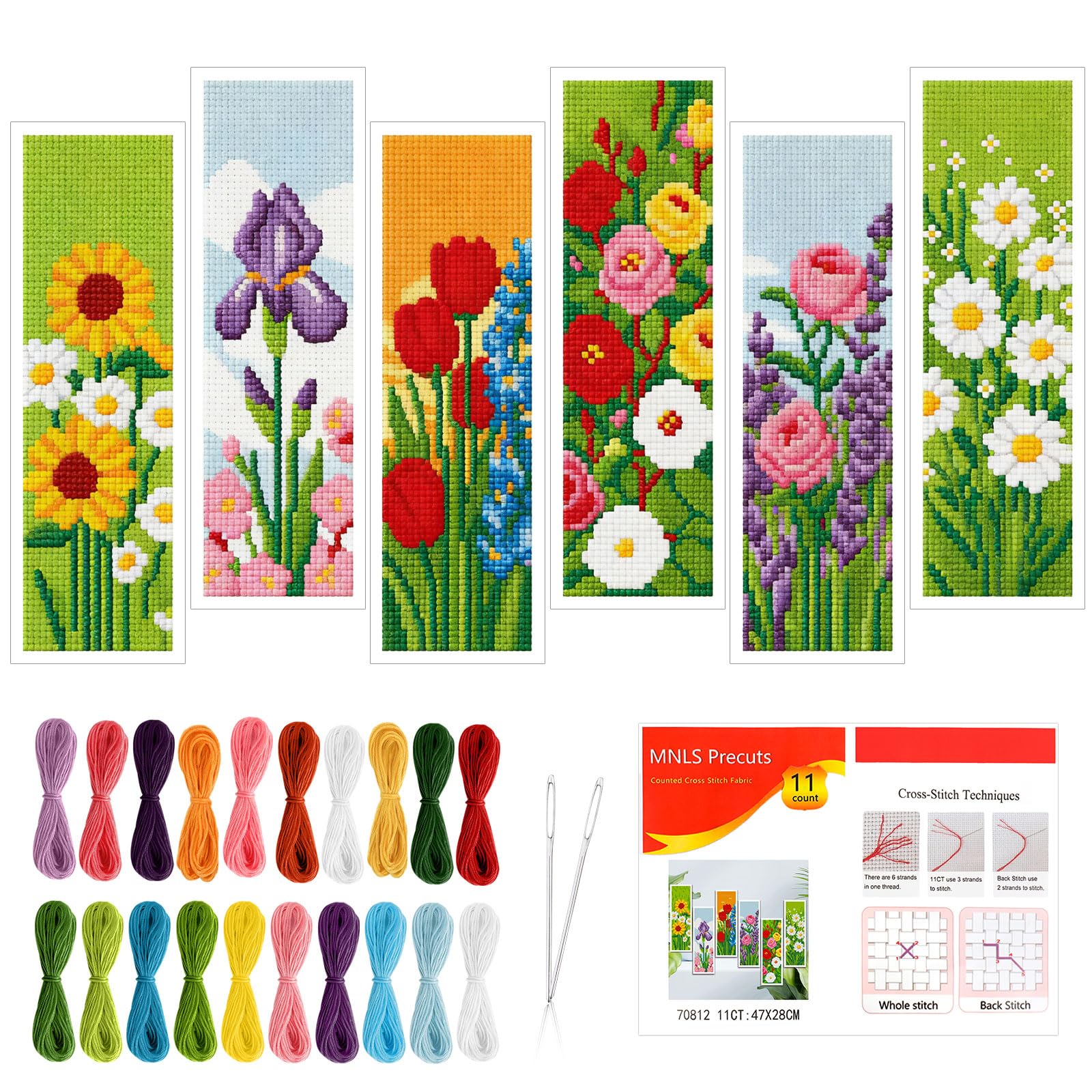 JSRQT Flower Cross Stitch Bookmark Kit,6Pcs 11CT Pre-Stamped Embroidery Bookmarks with Instructions,Needlework Sewing Handcraft for Book Lovers Gifts,8''x 2.4" (20 x 6cm)