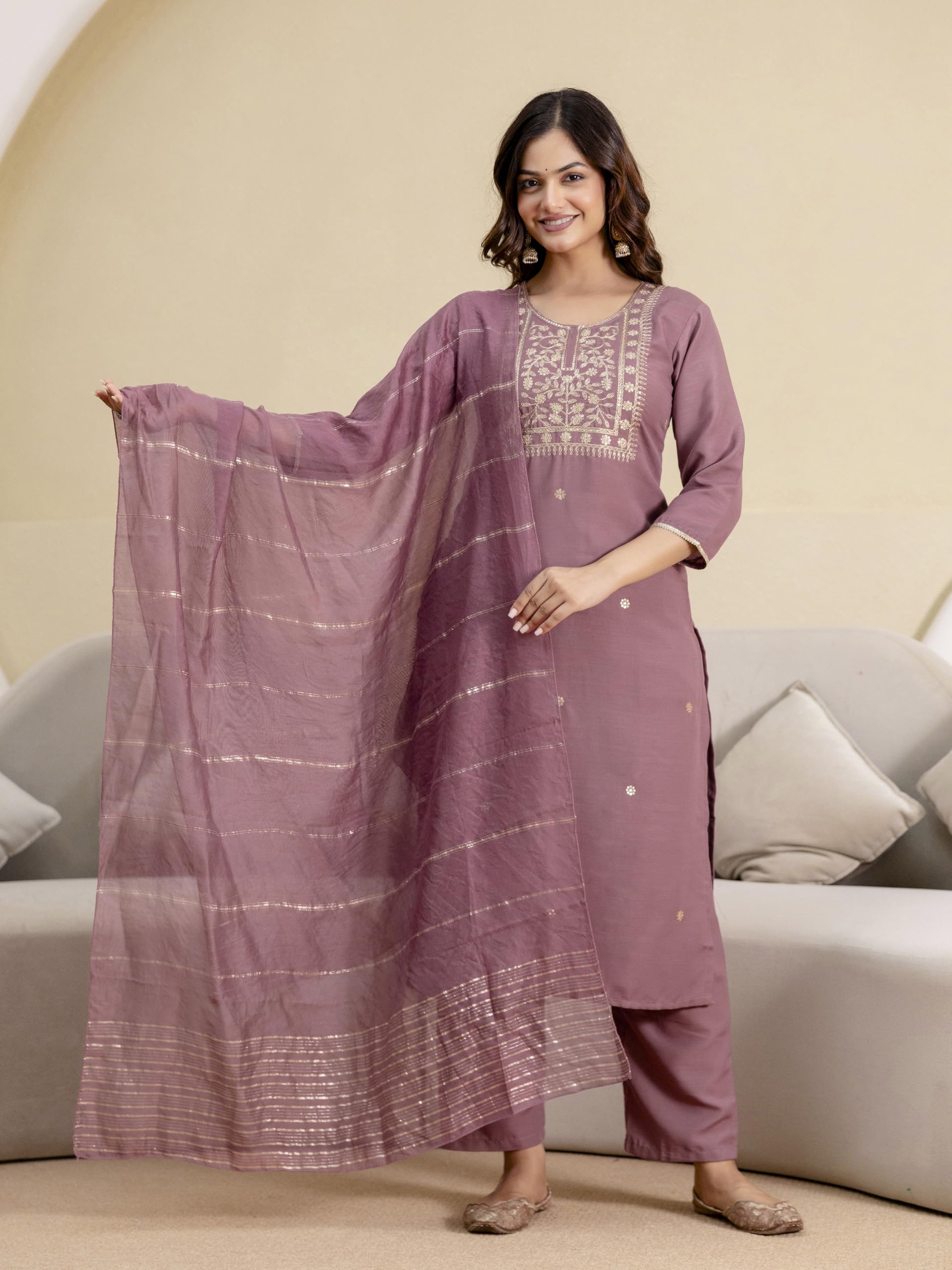 TRENDMALLS Damen Batist Baumwolle Stickerei Arbeit Kurta Hose mit Dupatta Set