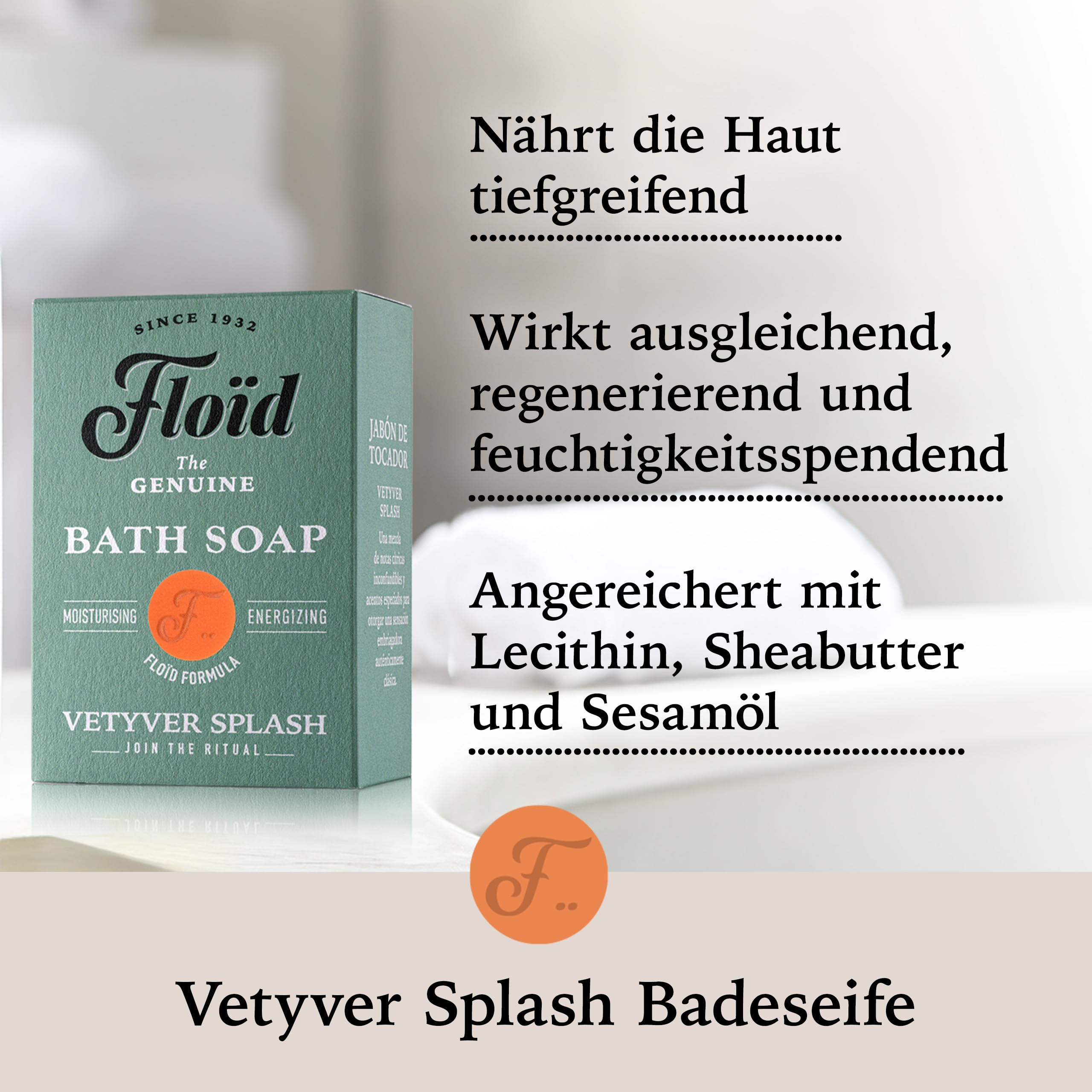 Floïd Vetyver Splash Bath Soap, 100% roślinne mydło do kąpieli i pod prysznic z pielęgnującą lecytyną, masłem shea i olejem sezamowym, chroni skórę i sprawia, że jest miękka i gładka