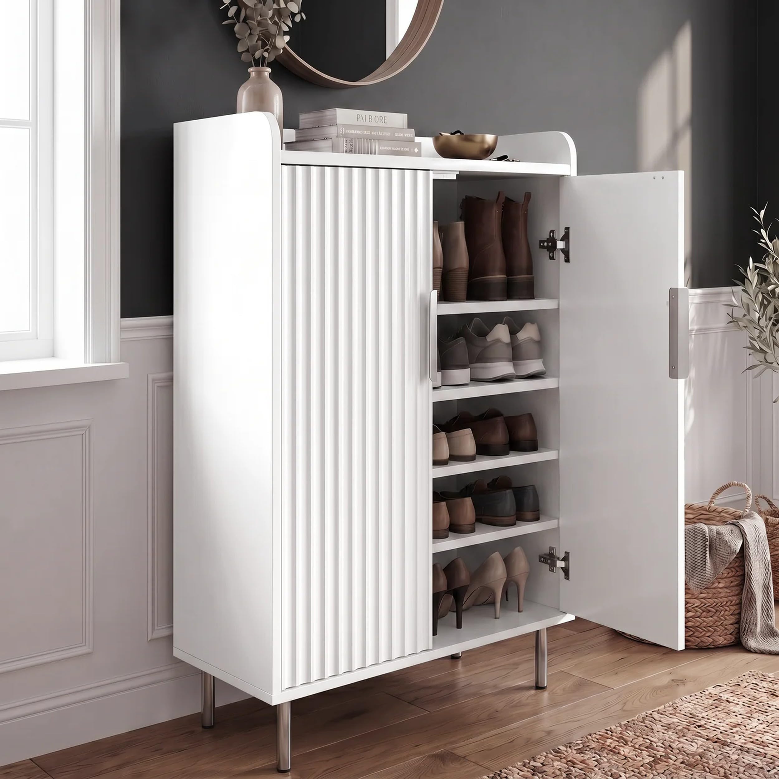 Blisswood Shoe Cabinet with Doors, Fluted Wooden Shoe Storage Cupboard, 5-Tier Shoe Rack with Adjustable Shelves, Metal Legs & Handles for Living Room, Hallway Bedroom White 36Dx 60Wx 105H cm