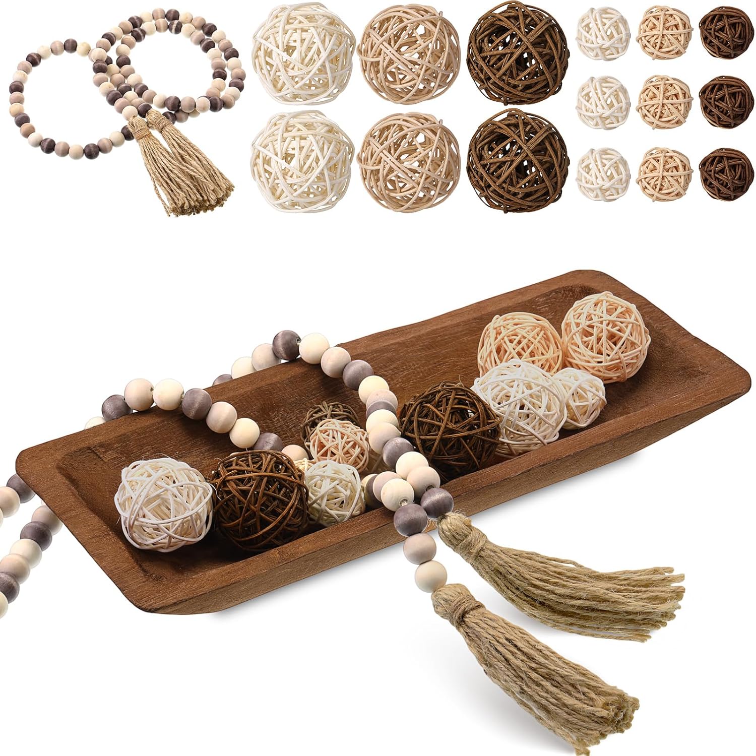 Teenyyou 17 Pcs Wooden Centerpiece Table Decorations Wood Dough Bowl Wicker Rattan Balls Beads String with Tassel Natural Decorative Tray Rustic Bowl Filler for Dining Room Kitchen(White)