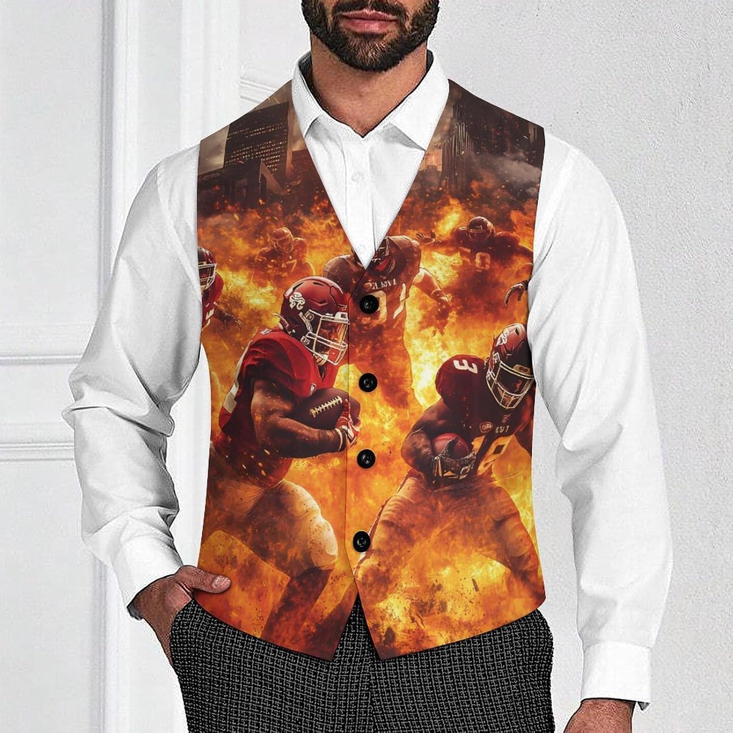 Football Game Men's Suit Vest Casual Business Dress Slim Fit Waistcoat Vests with Pockets