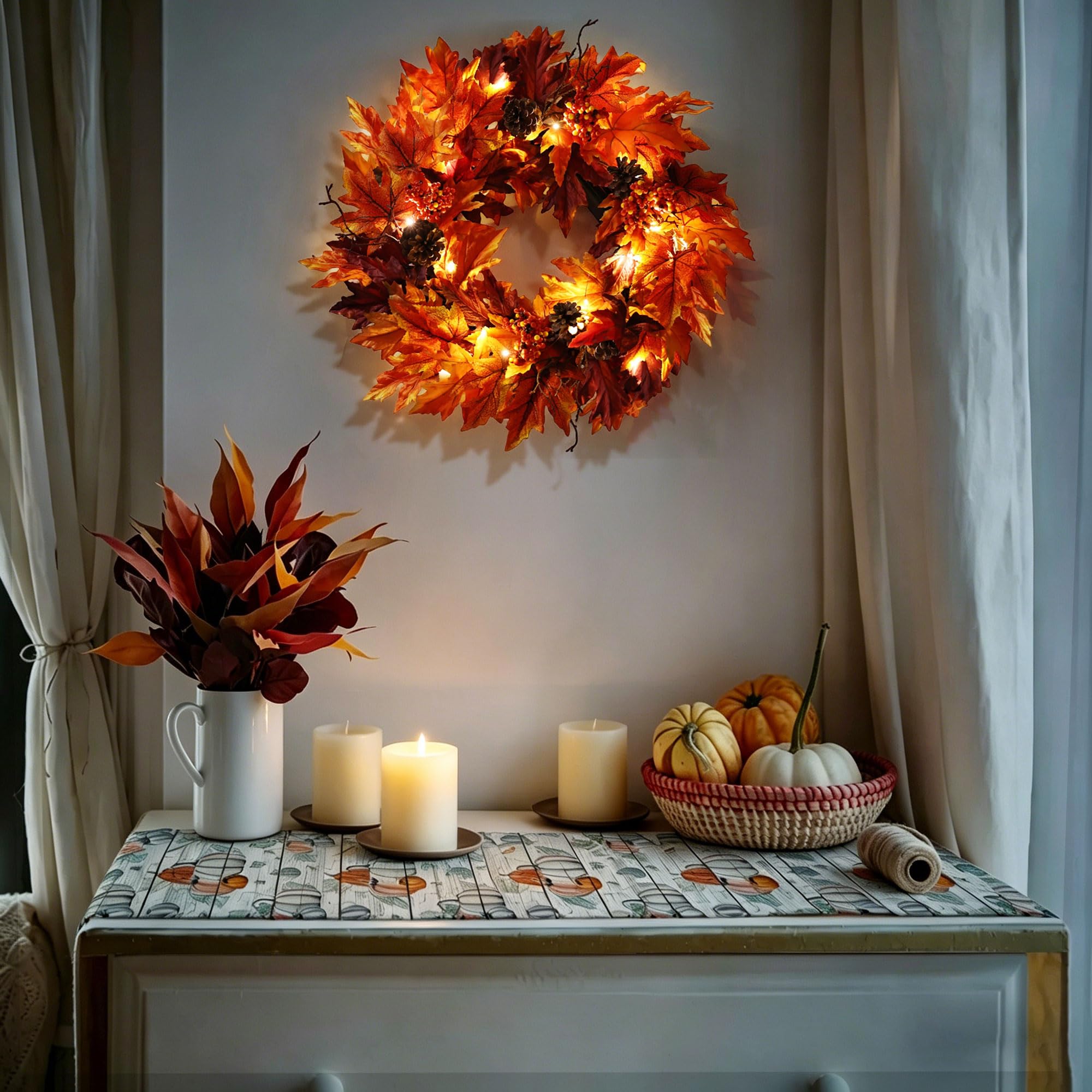 Ghrdopy Couronne d'automne pour porte d'entrée avec 20 lumières et minuteur