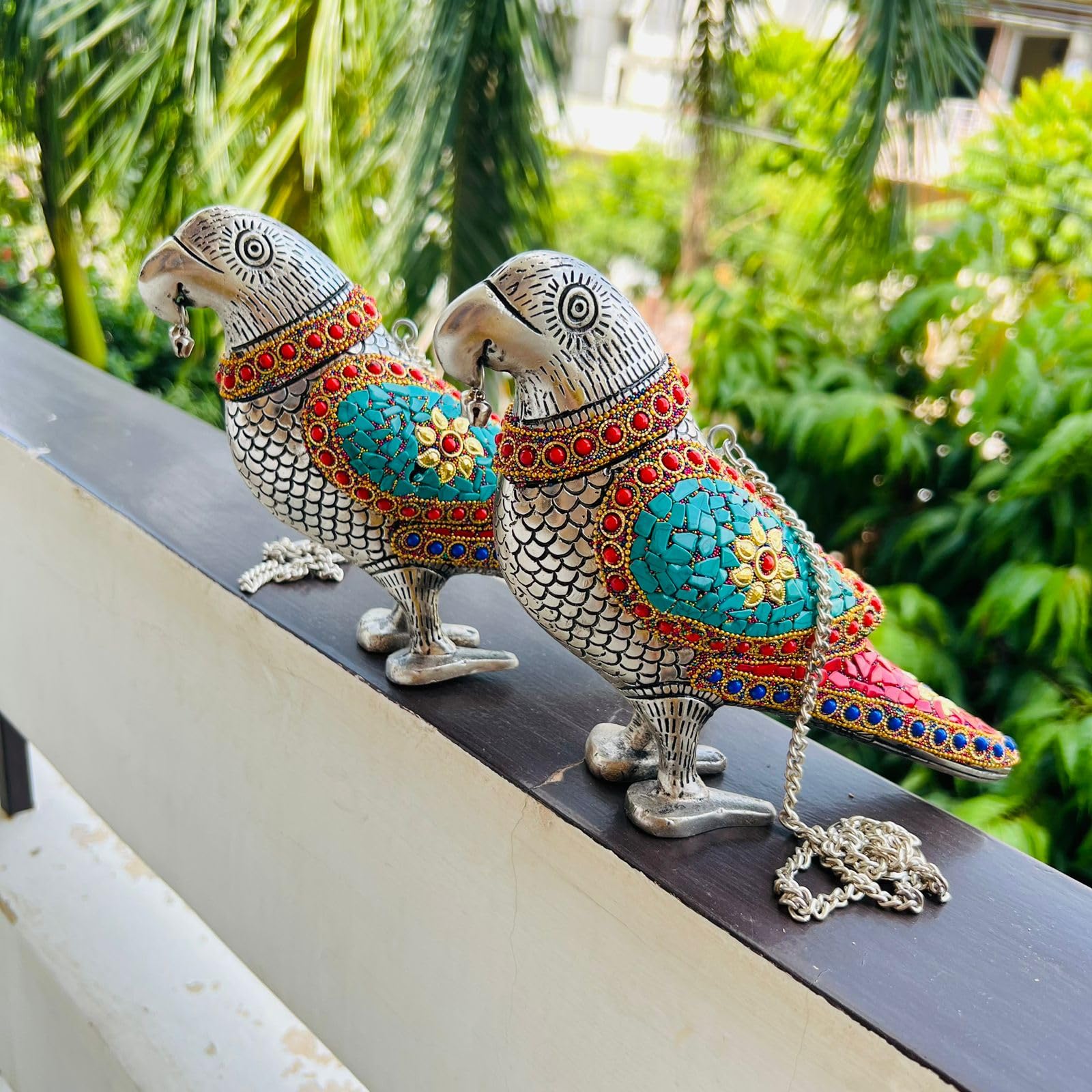 German Silver Hanging Parrot Pair Wall Décor with Semi Precious Stone Work, Silver Plated Bird Showpiece for Home Decoration, Diwali Wedding Return Gift Item Pack of 2 (7x10 Inch)-image-41