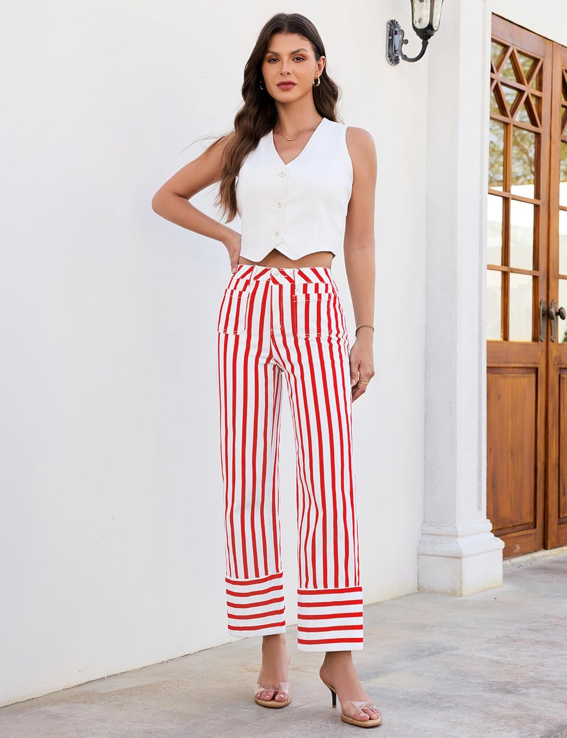 luvamia Striped Jeans for Women Wide Leg High Waisted Trendy Patch Pockets Stretchy Denim Pants Casual Trouser Jeans - Image 3