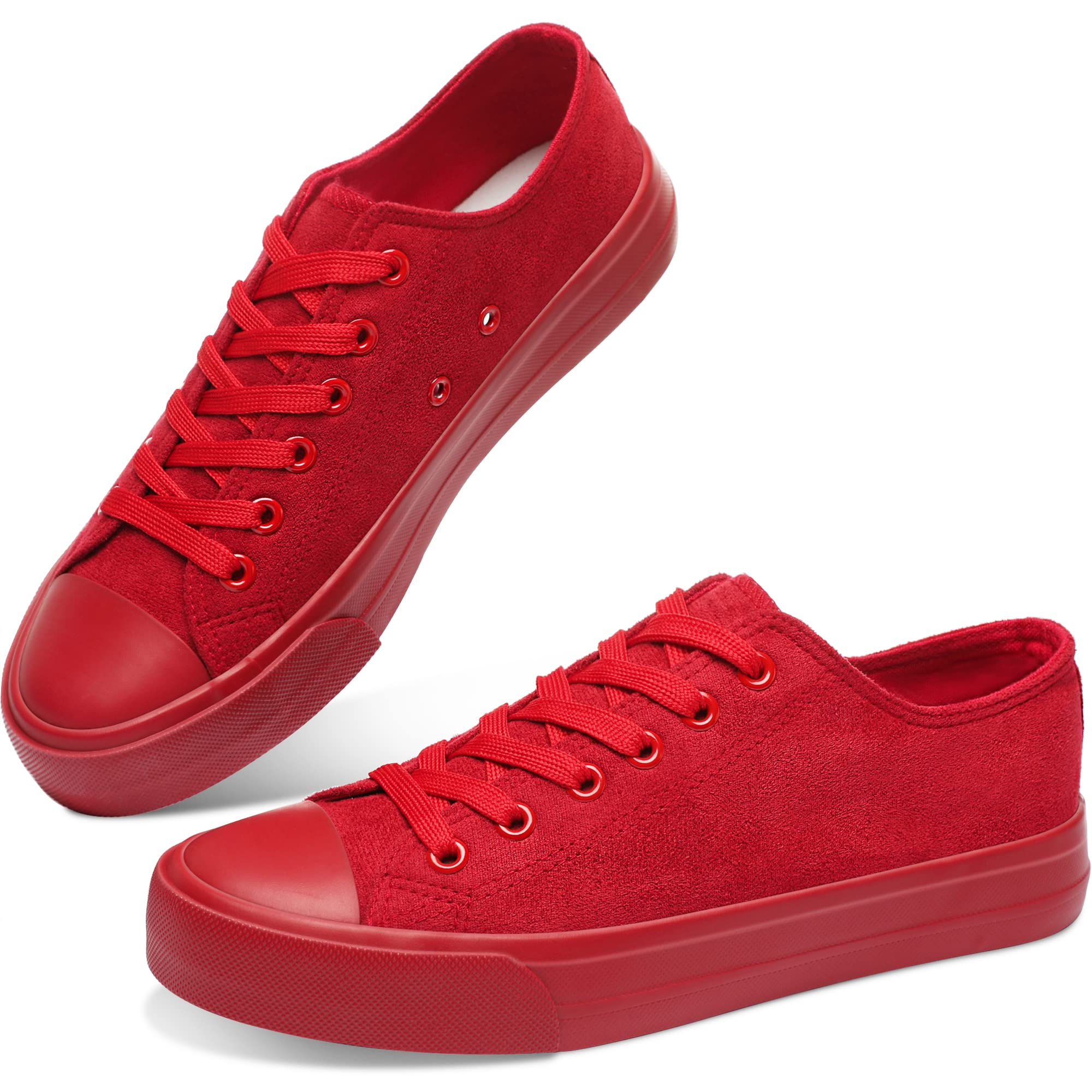 Obtaom Womens Faux Sudue Fashion Sneakers Cute Low Top Shoes Comfortable Canvas Walking Flats(Mono Red,US9)