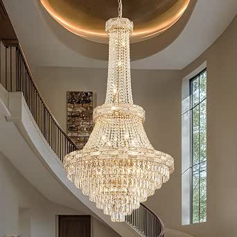 Large Luxury Gold Crystal Chandelier with 25 Lights, Modern 3-Tier Pendant for High Ceilings
