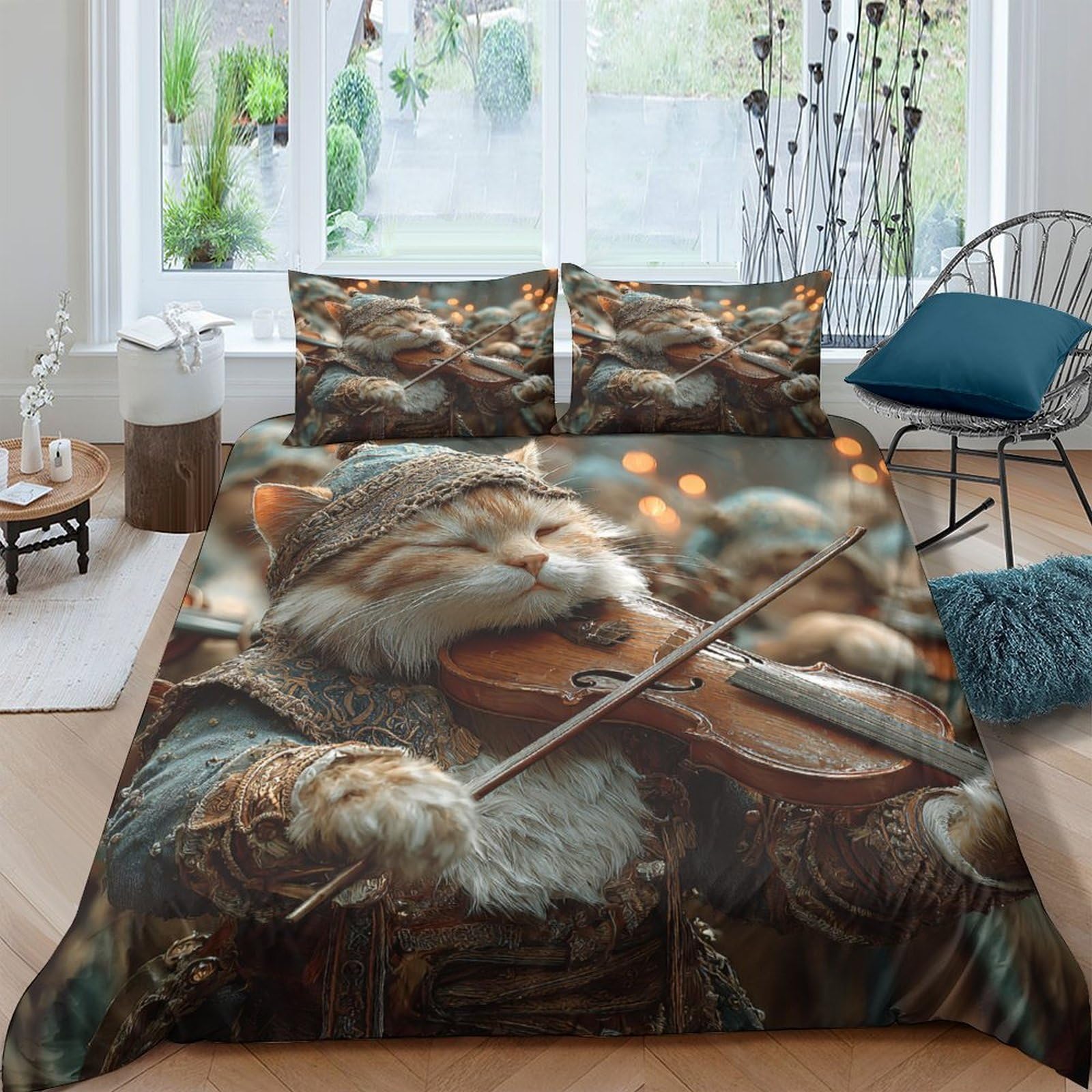 Ctjqhvkz Style-9 3D Printed Cat Playing Violin Fitted Sheet Microfiber Artistic Bed Cover Bedroom Decor Machine Washable Single（135X200cm）