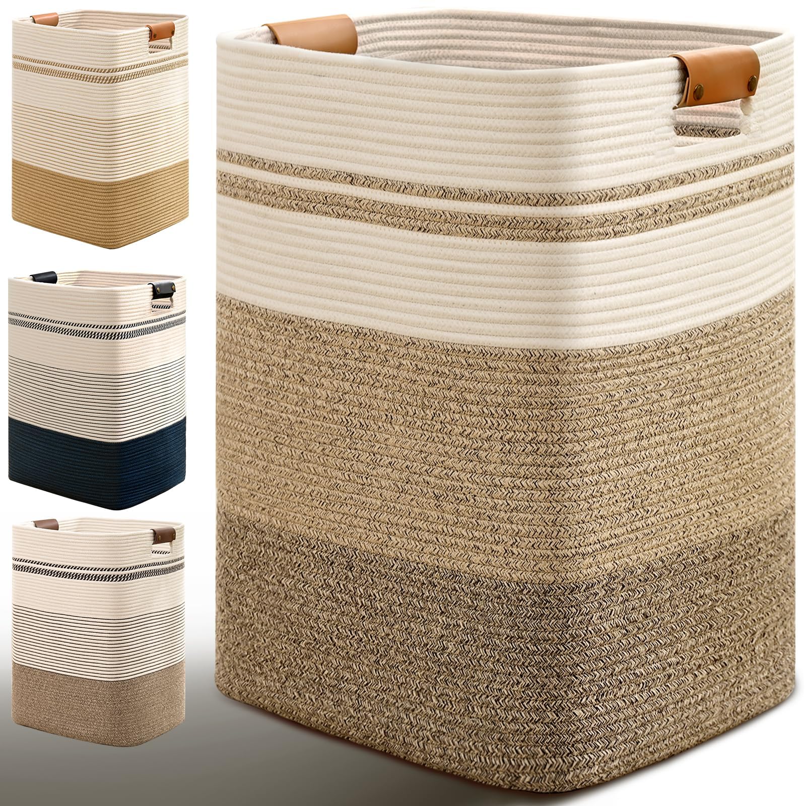 Laundry Hamper, 95L Tall Laundry Basket with Leather Handles, Rectangle Large Clothes Hamper for Organizing, Cotton Woven Laundry Baskets Storage Hampers for Bedroom, Nursery, Living Room