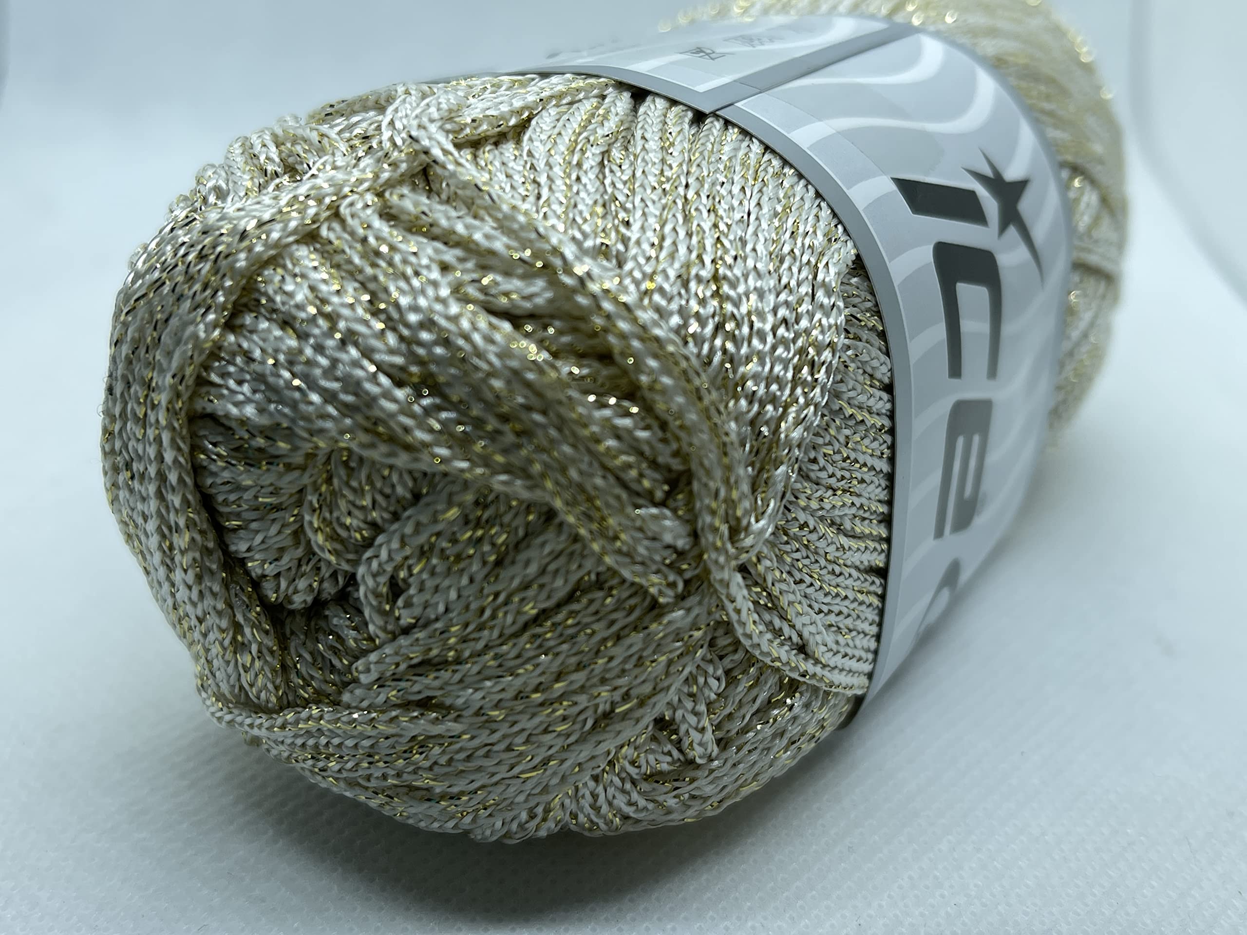 Cream with Gold Metallic Accent Polyester Macrame Cord - 100 Grams (3.53 Ounces) 160 Meters (174 Yards)