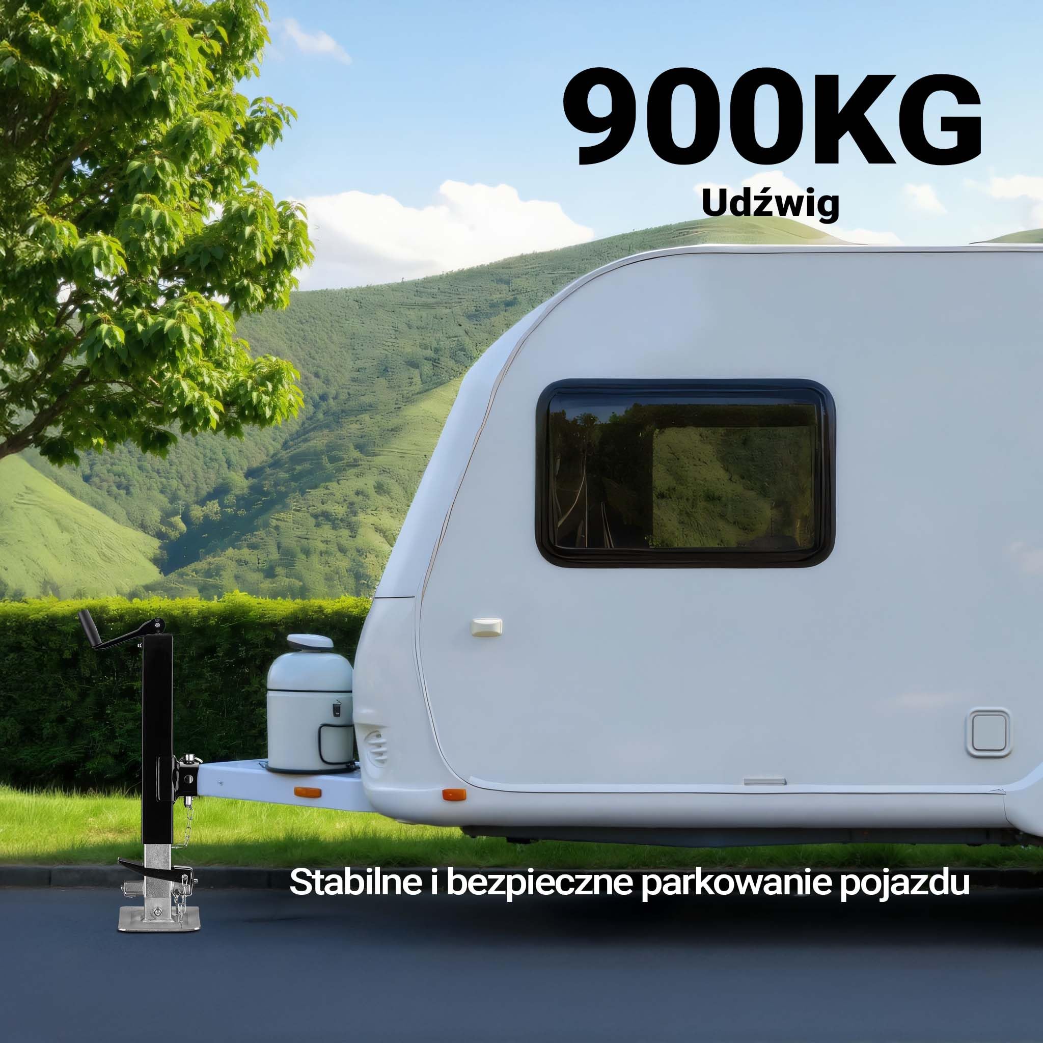 Wiltec Podpora o nośności do 900 kg z korbą górną do regulacji wysokości i uchwytem na rurę, postojowa do przyczepy kempingowej
