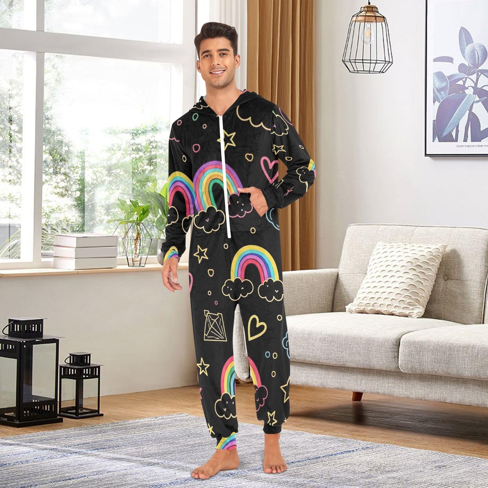 Carino Stars Rainbows Nero Adulto Onesie Pigiama, Morbido Pile Natale Tuta, Accogliente Un Pezzo Loungewear