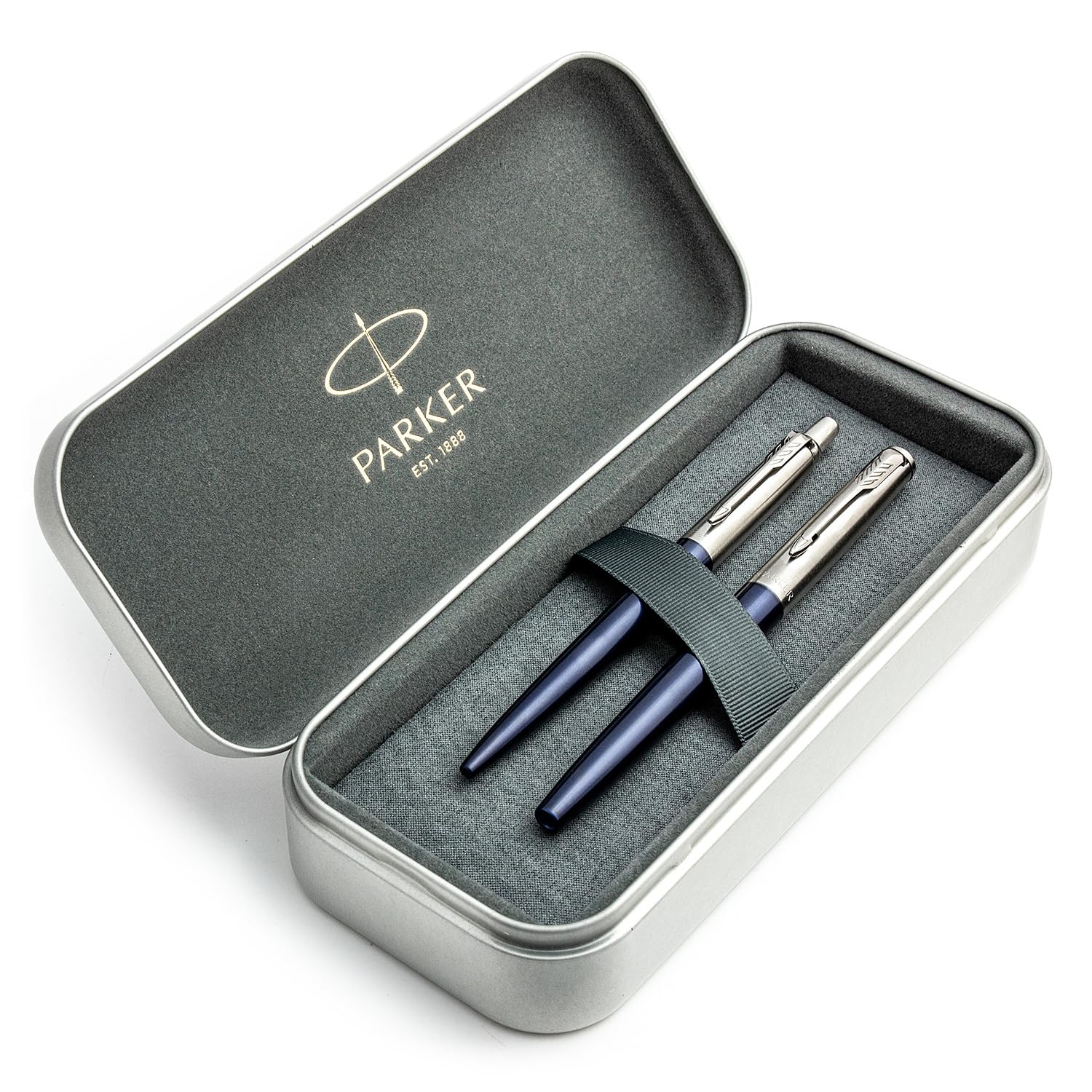 Parker Jotter Geschenkset mit Füllfederhalter und Kugelschreiber, Königsblau, mittlere Spitze, luxuriöse Metall-Geschenkbox im Lieferumfang enthalten